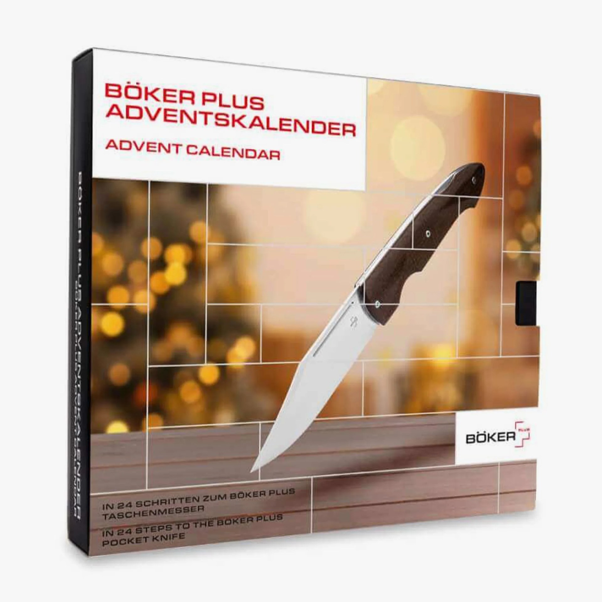 Boxed B&ouml;ker Plus Advent calendar featuring a pocket knife with a wooden handle and stainless steel blade.