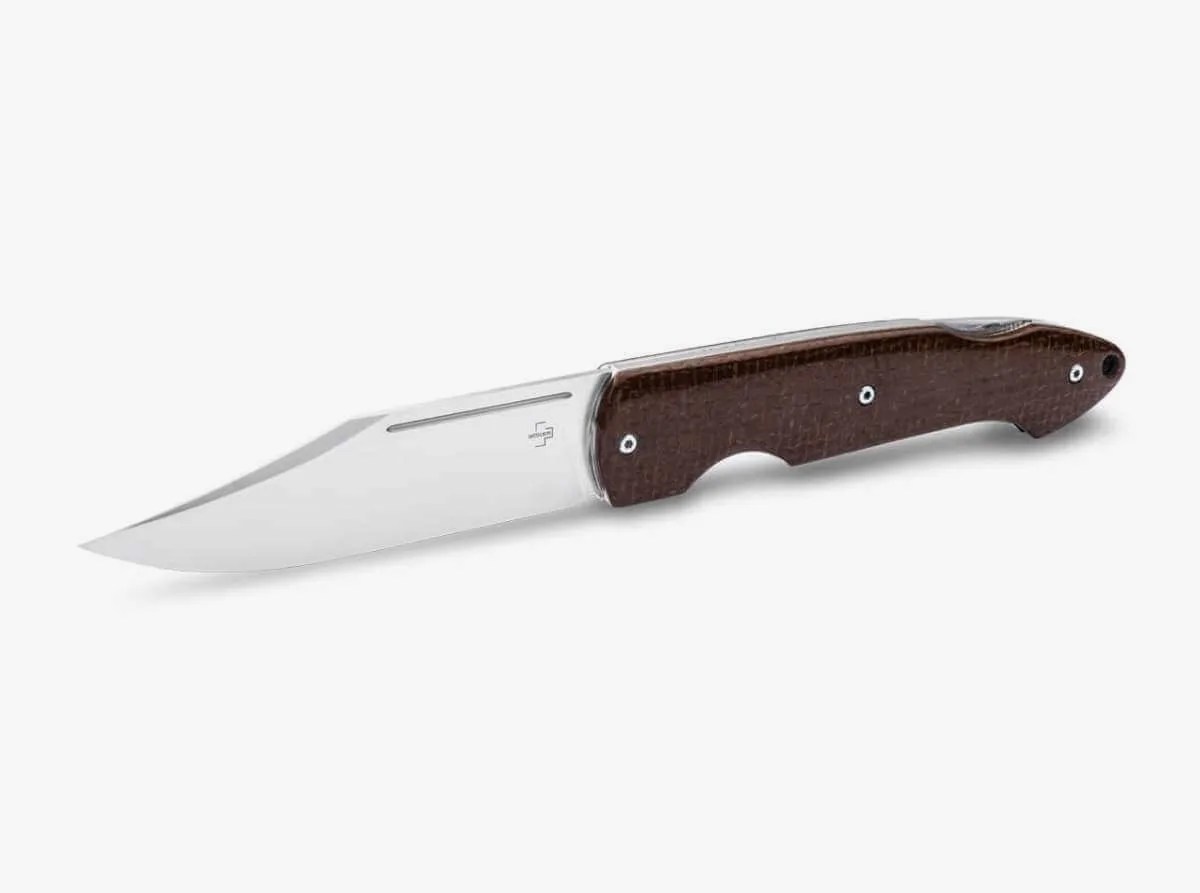 Folding knife with a polished stainless steel blade and a textured brown handle.
