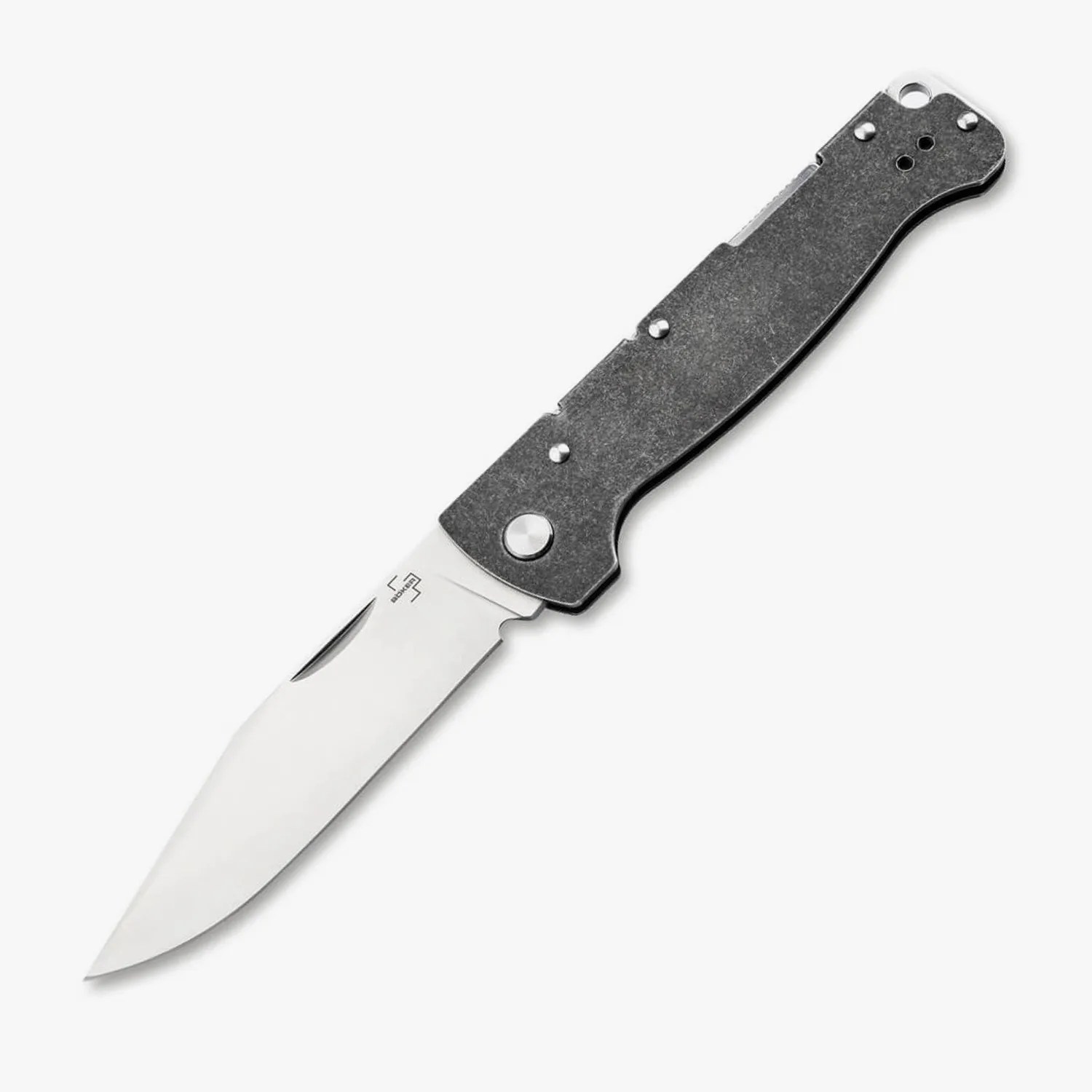 Folding knife with a stonewashed gray handle and a polished stainless steel blade.