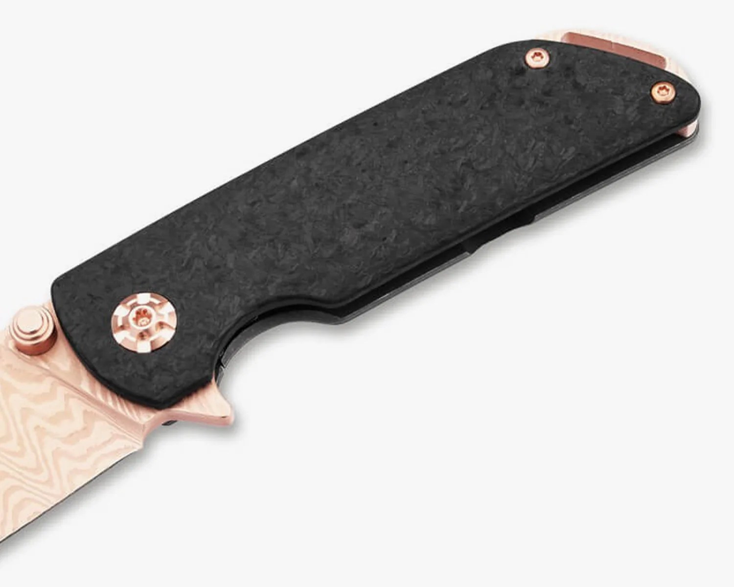 Folding knife with black textured handle and rose gold patterned blade partially visible.