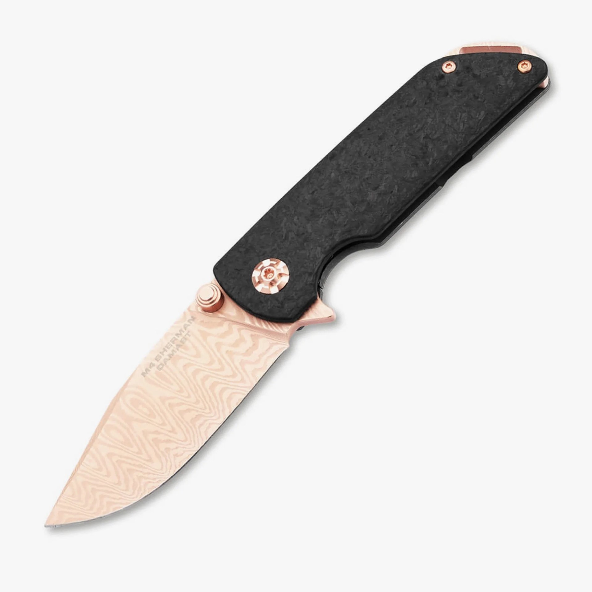 Folding knife with a patterned rose gold blade and black textured handle.