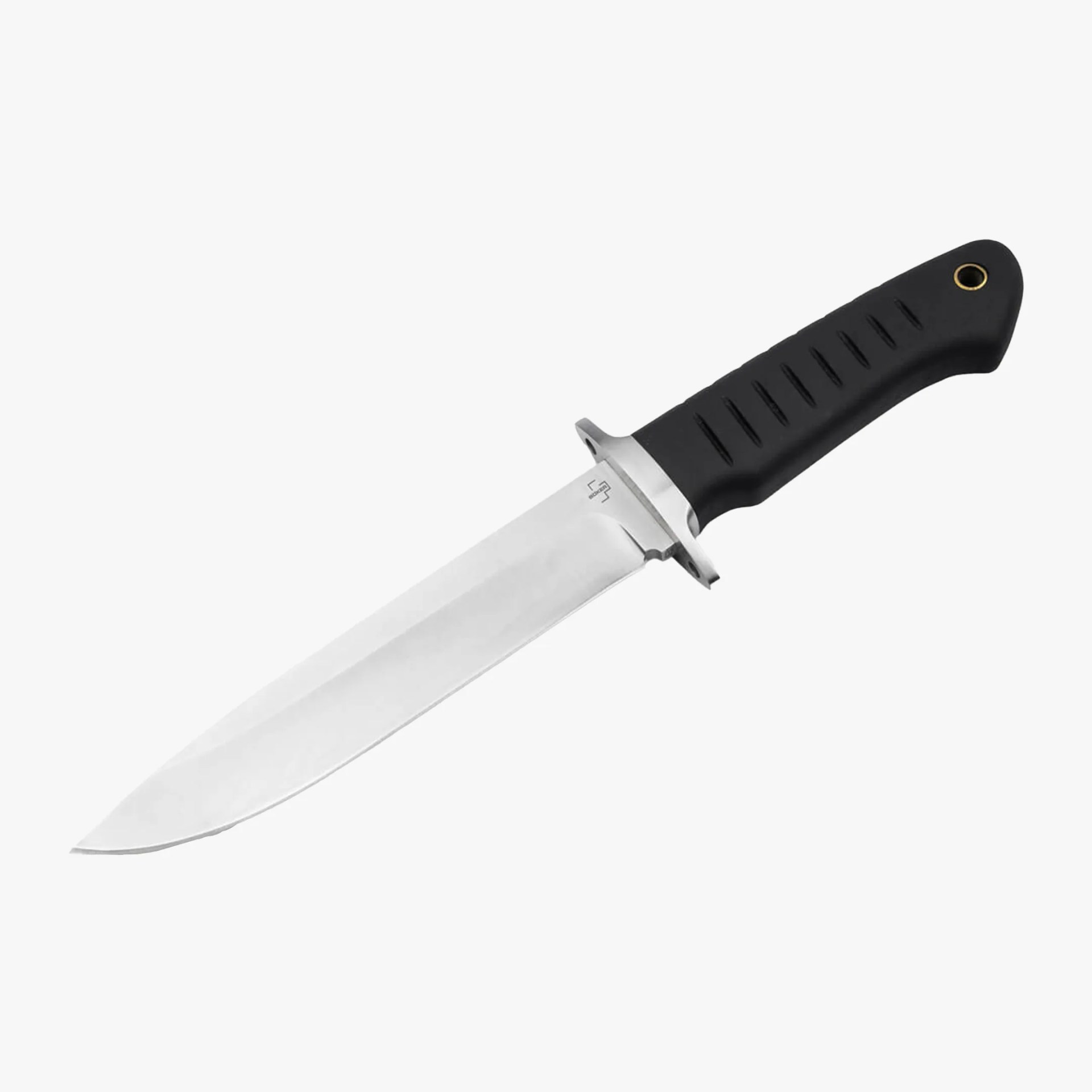 Fixed-blade knife with a stainless steel blade and black textured handle with finger guard.