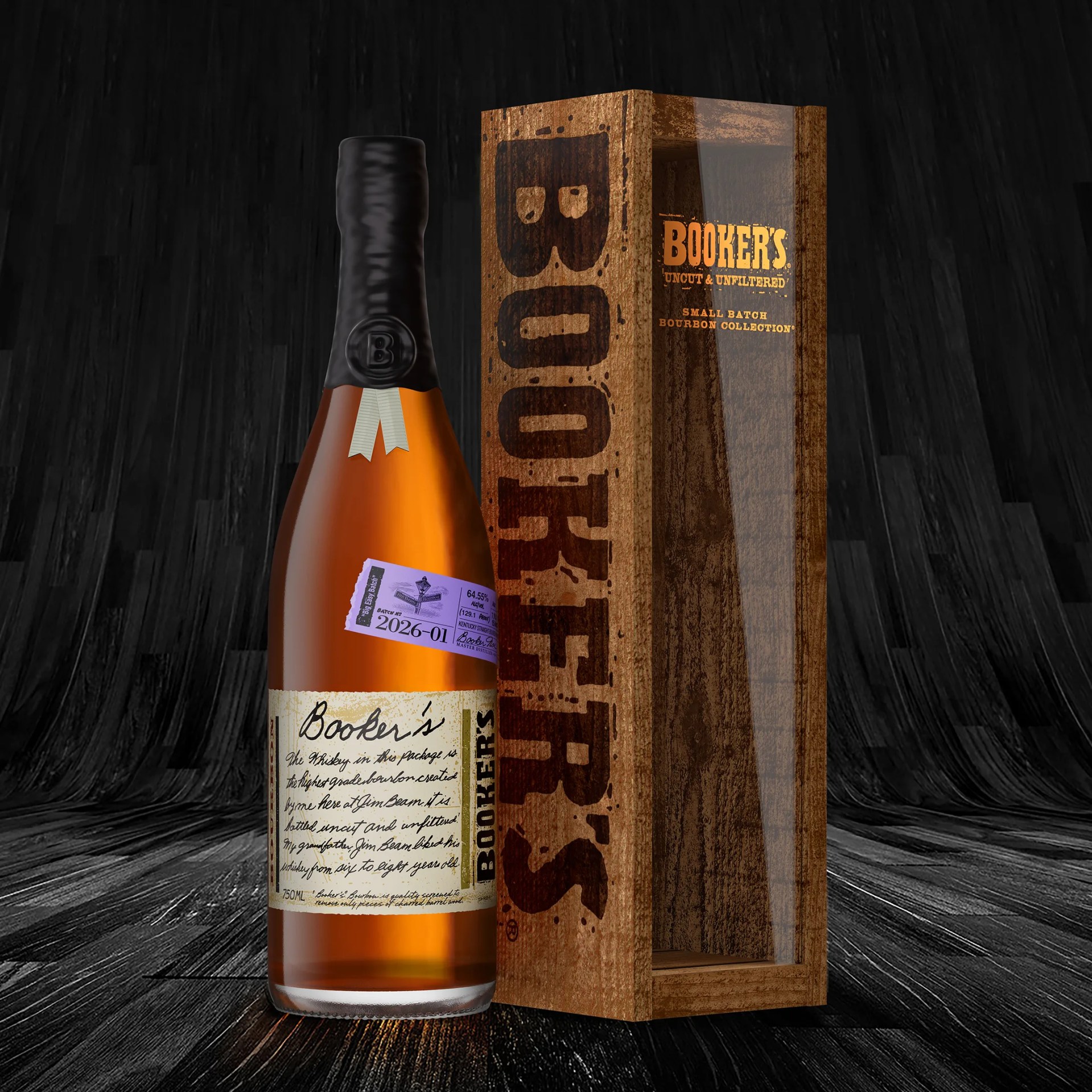 Bottle of Booker's bourbon whiskey with black wax seal and handwritten label next to a wooden box with large "Booker's" text.