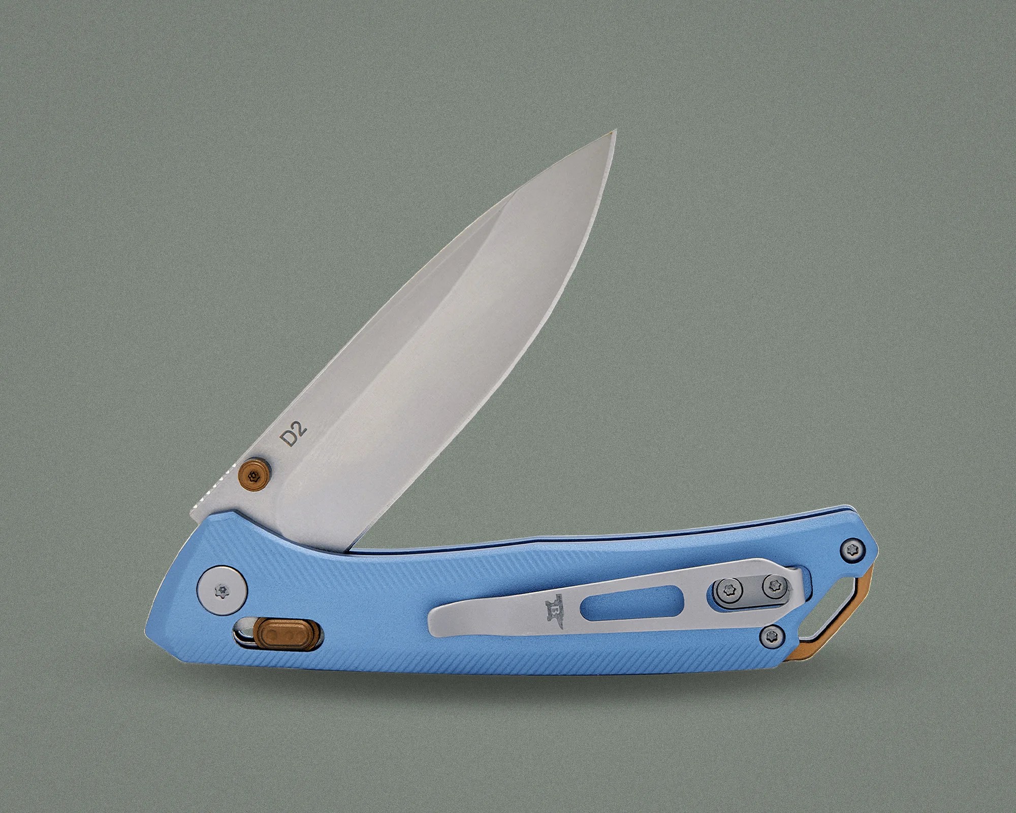 Folding knife with a partially open silver blade marked "D2" and a light blue textured handle with a silver clip and bronze accents.
