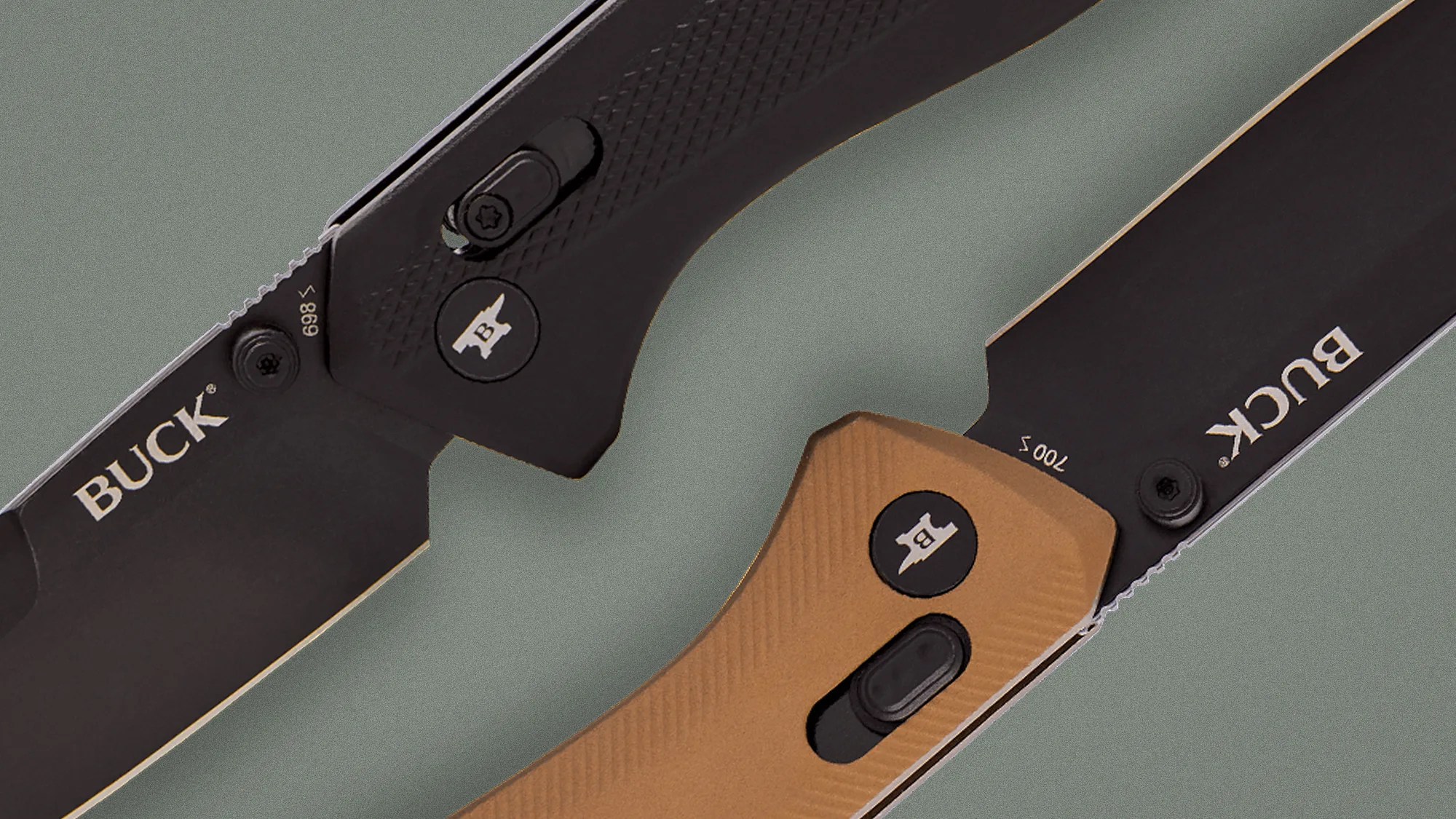 Two Buck folding knives with black blades, one with a black handle and the other with a tan handle, on a gray surface.