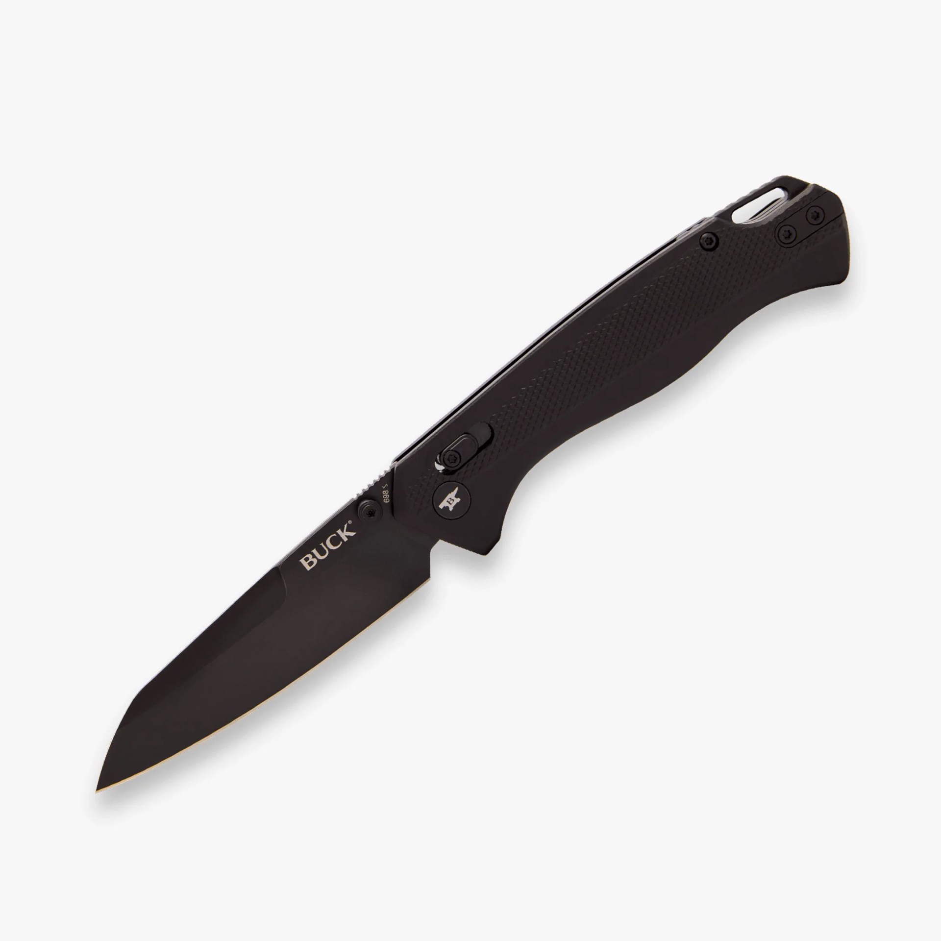 Black folding knife with textured handle and partially serrated blade, branded "BUCK" on the blade.