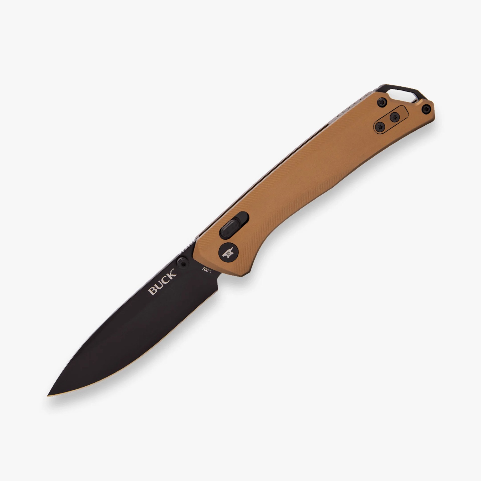 Folding knife with black blade and tan textured handle, featuring a locking mechanism and pocket clip.