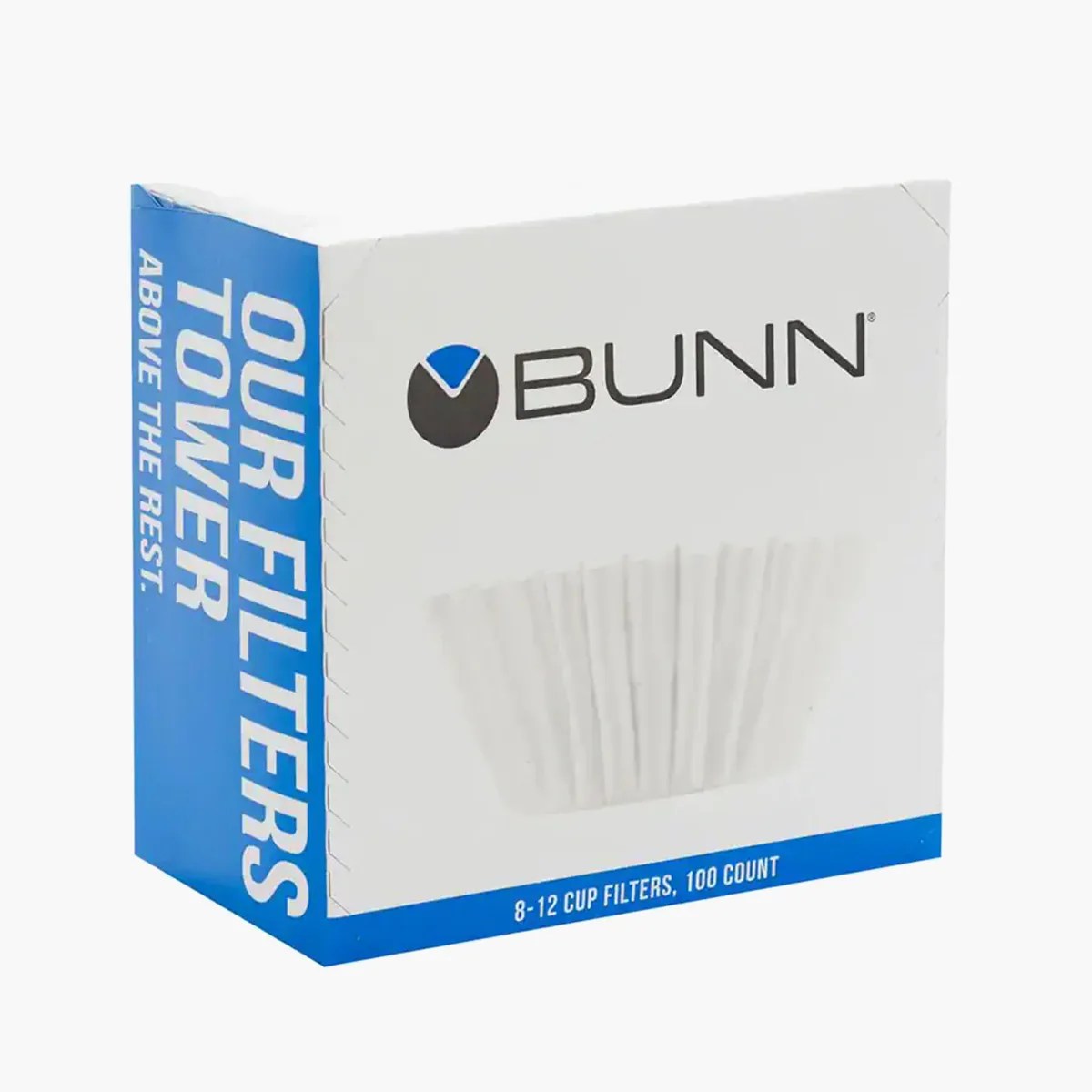 Box of Bunn coffee filters for 8-12 cup brewers, white with blue and black text.