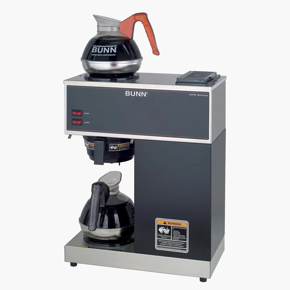 Commercial Bunn VPR Series coffee maker with two glass coffee decanters, one on top and one below.