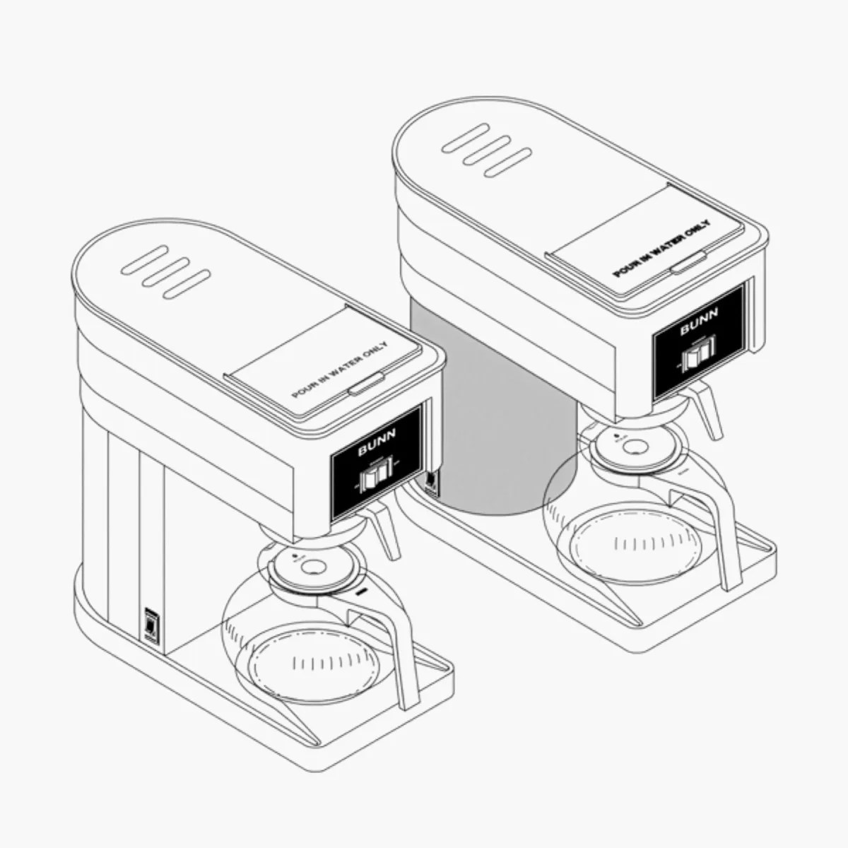 Line drawing of two Bunn coffee makers with glass carafes and "Pour in water only" labels on top.