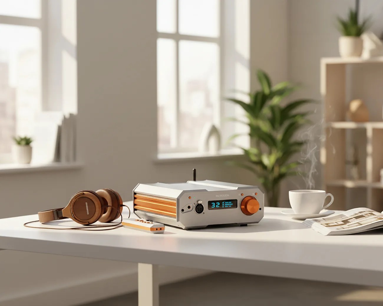 Silver and orange audio amplifier with digital display, brown wired headphones, and steaming white cup on white table.