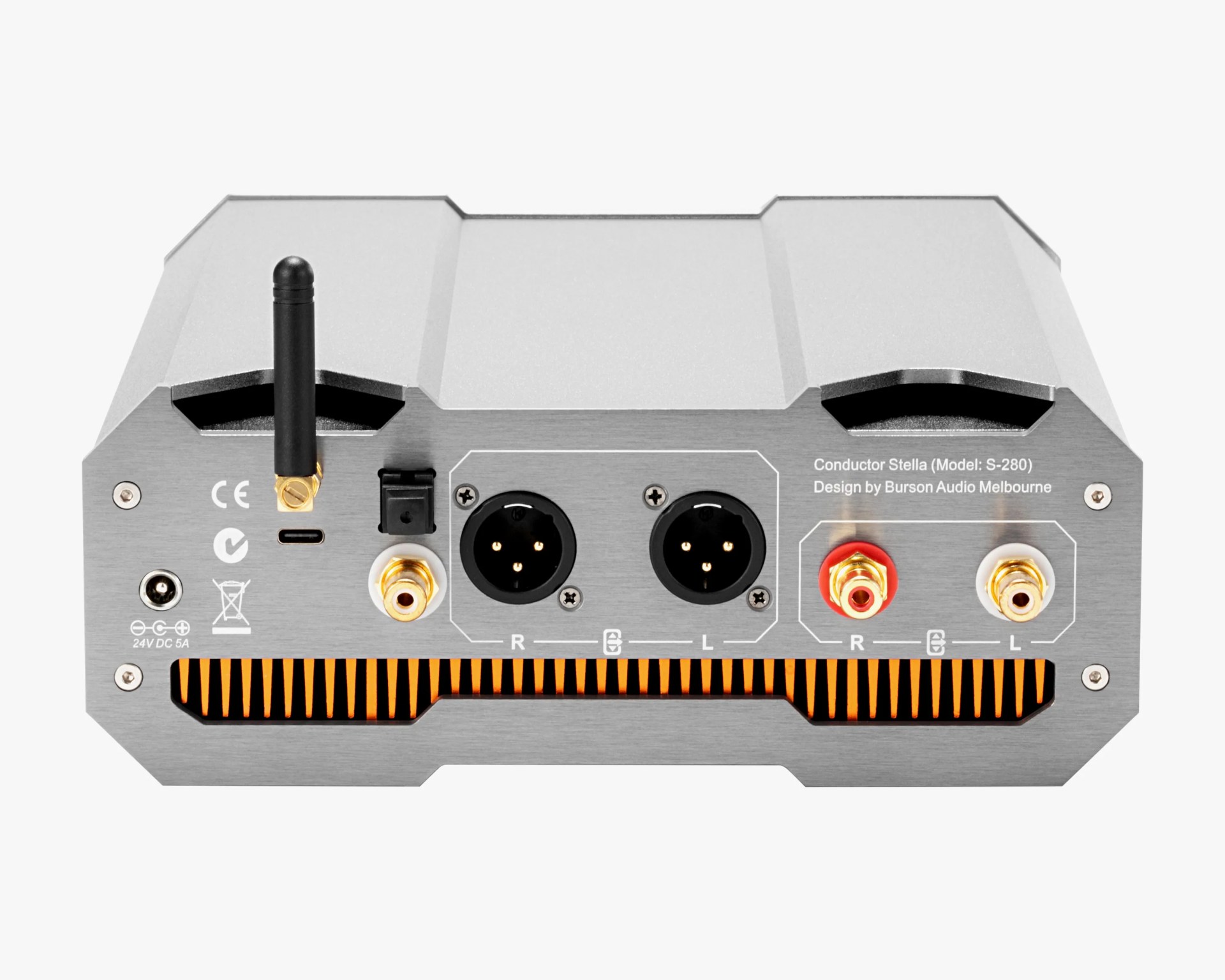 Rear view of a silver audio device with XLR and RCA audio outputs, a USB-C port, antenna, and ventilation grille.