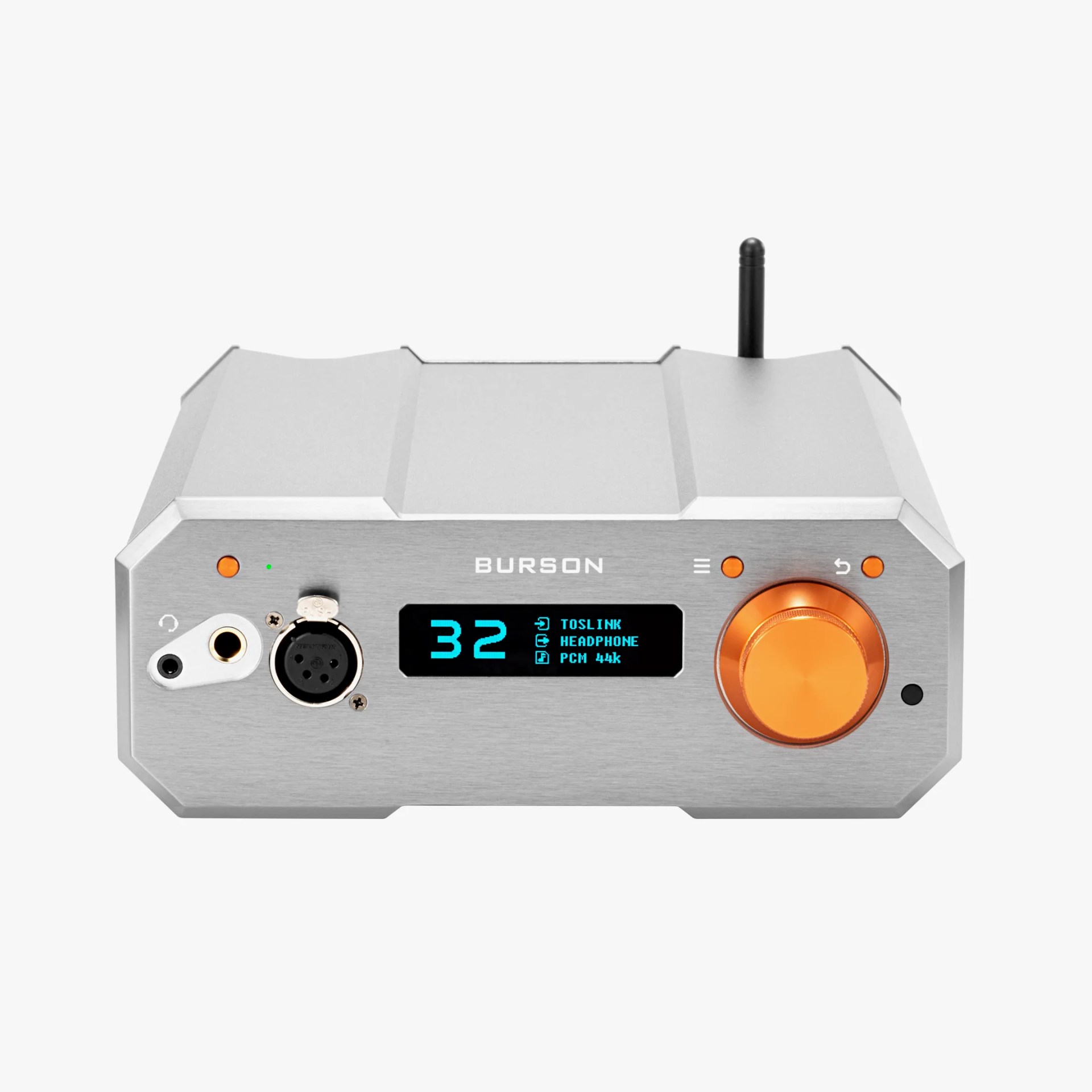 Silver Burson audio amplifier with orange volume knob, digital display, and multiple input ports.