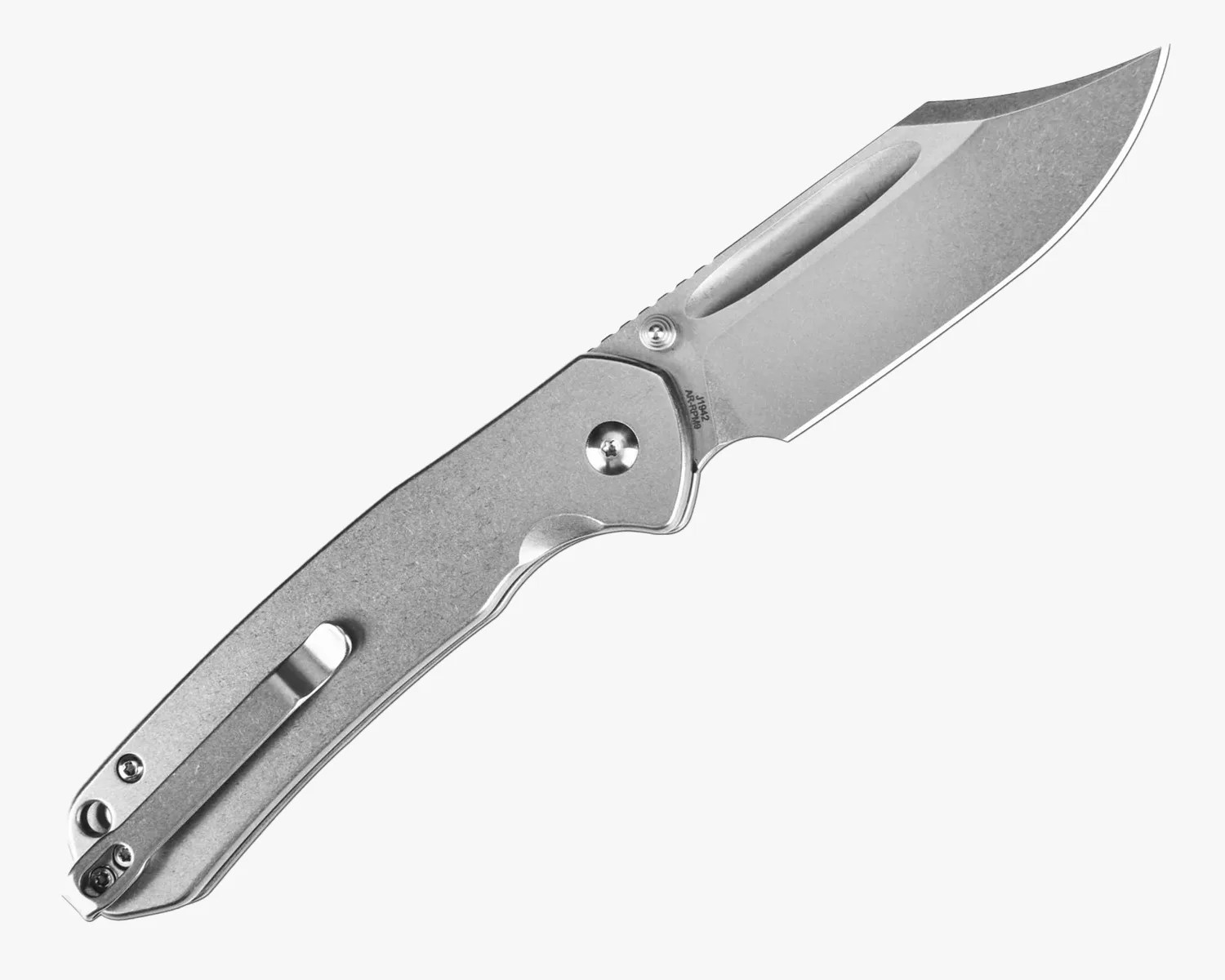 Silver folding knife with a clip on the handle and a partially serrated blade.
