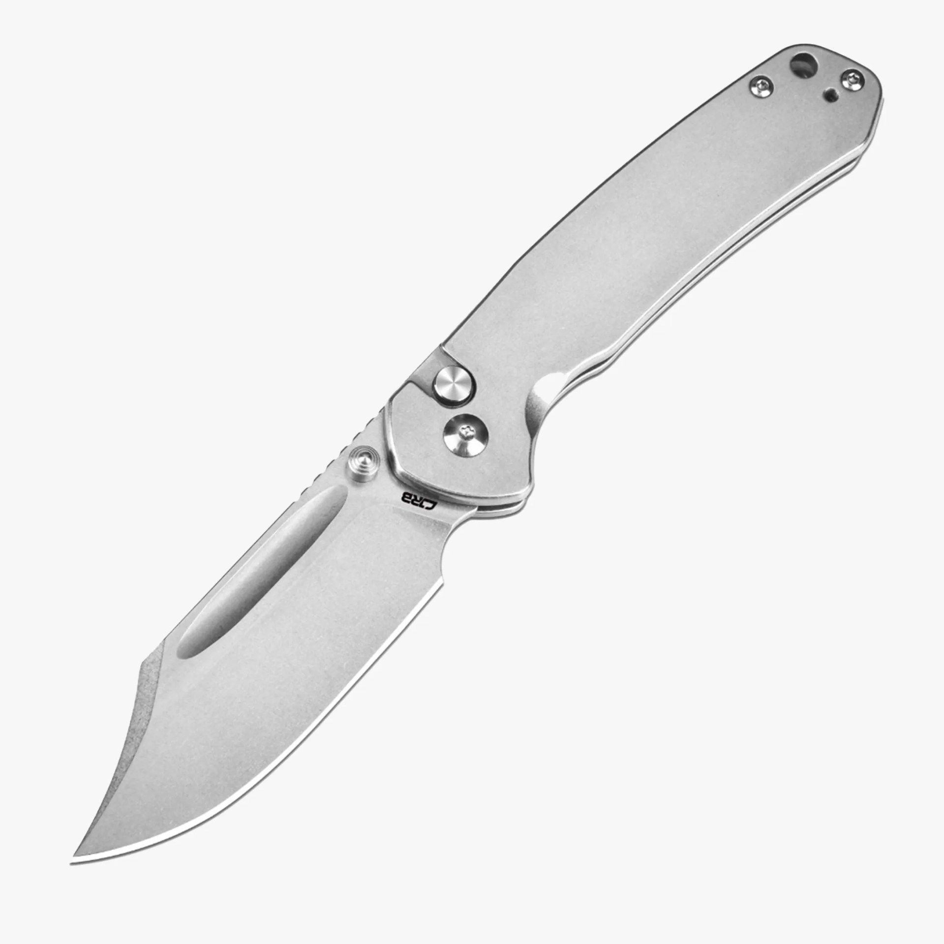 Silver folding knife with a drop point blade and a smooth metal handle.