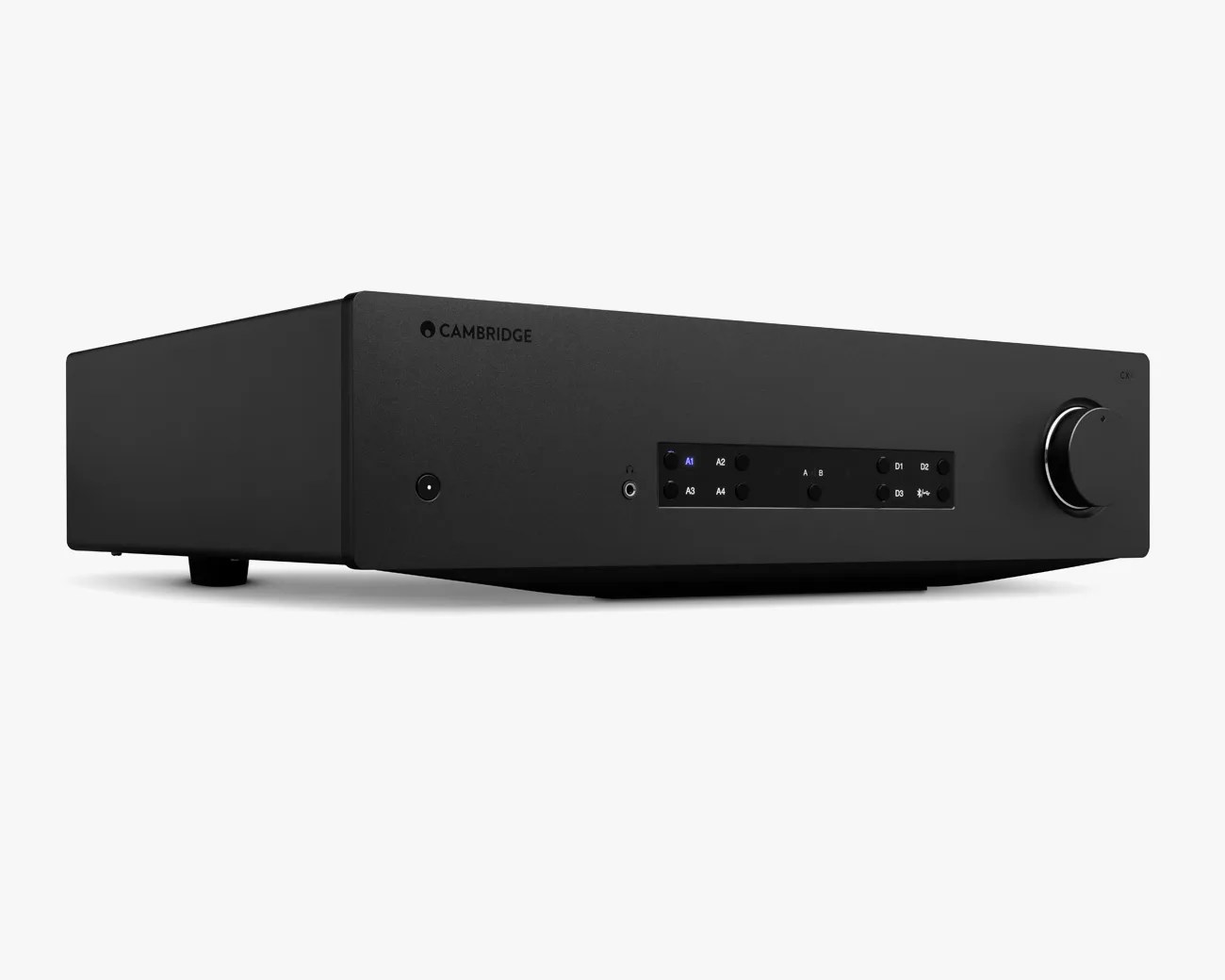 Black Cambridge audio amplifier with buttons, a headphone jack, and a large volume knob on the right.