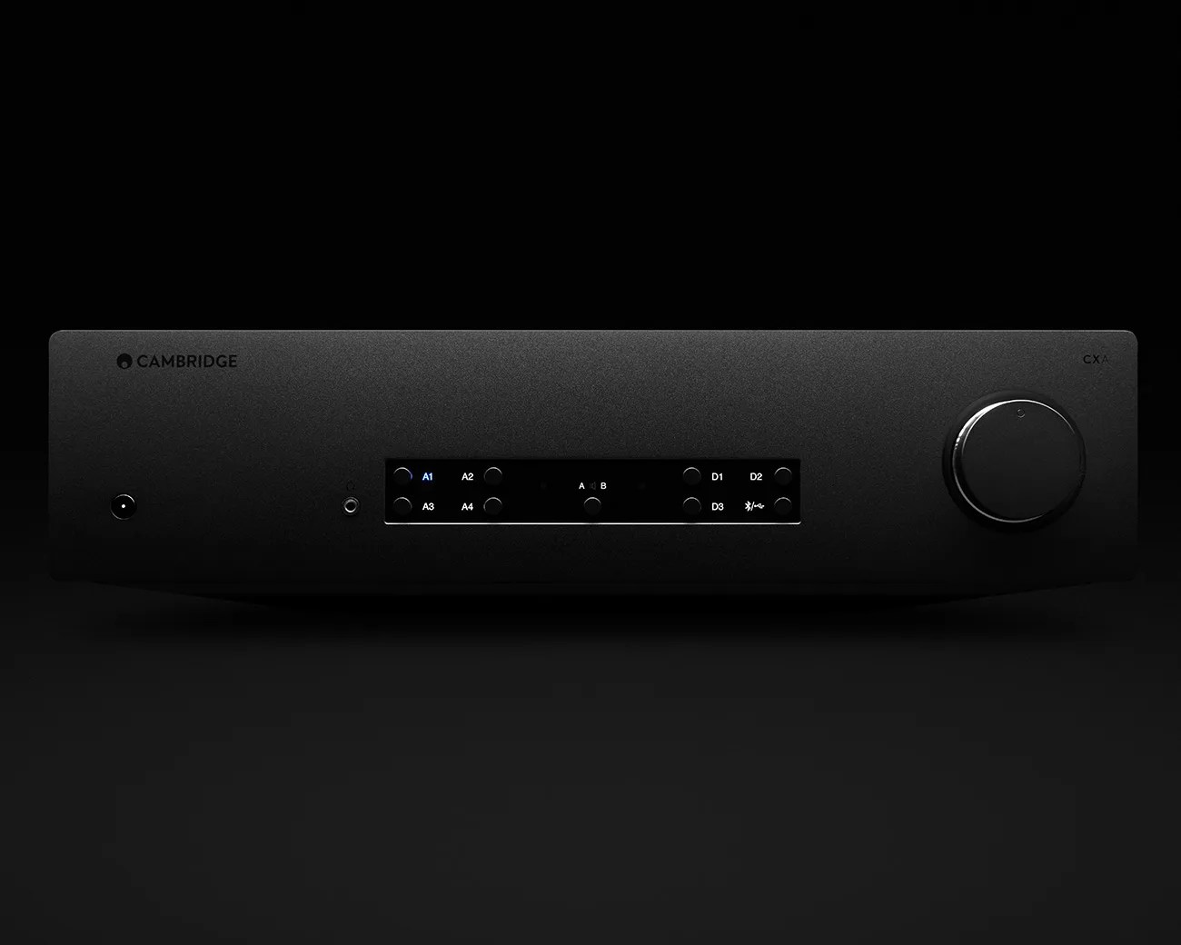 Black Cambridge CXA audio amplifier with a central display panel and a large volume knob on the right.