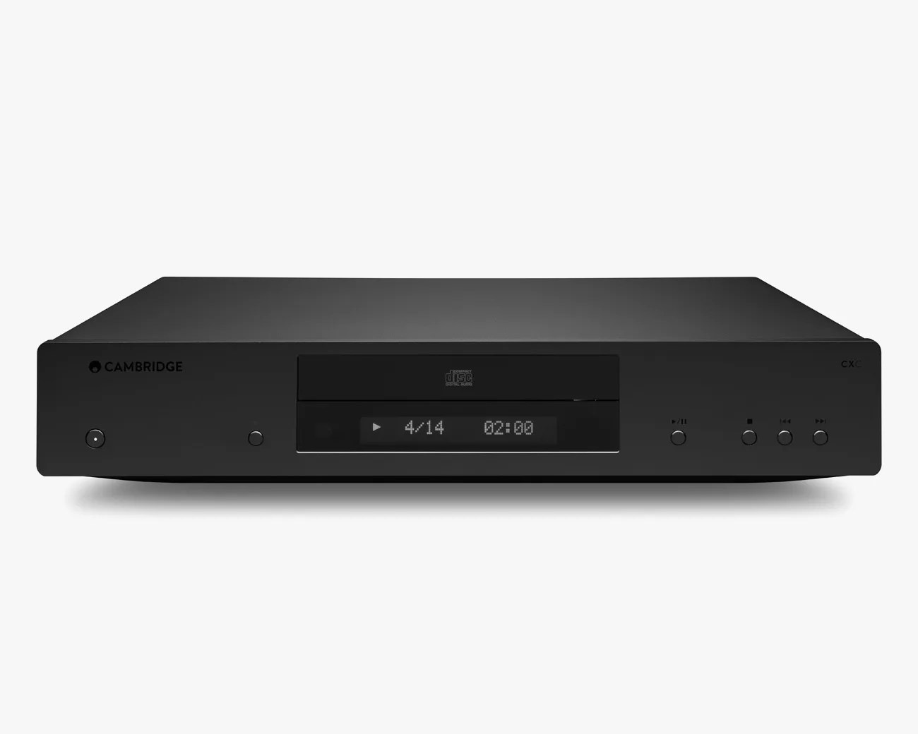 Black Cambridge CXC CD player with digital display showing track 4 of 14 and time 02:00.