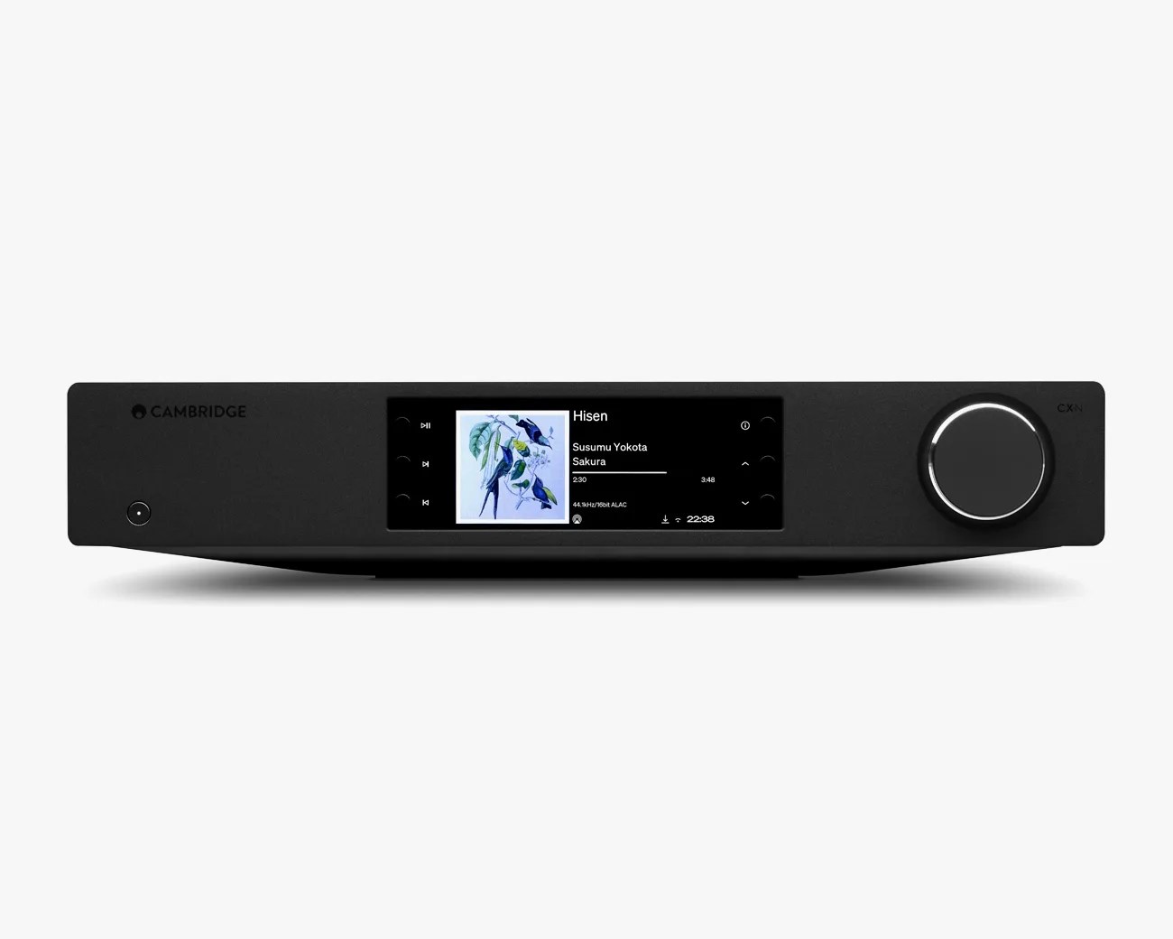 Black Cambridge CXN network audio player with color display showing album art and playback controls.