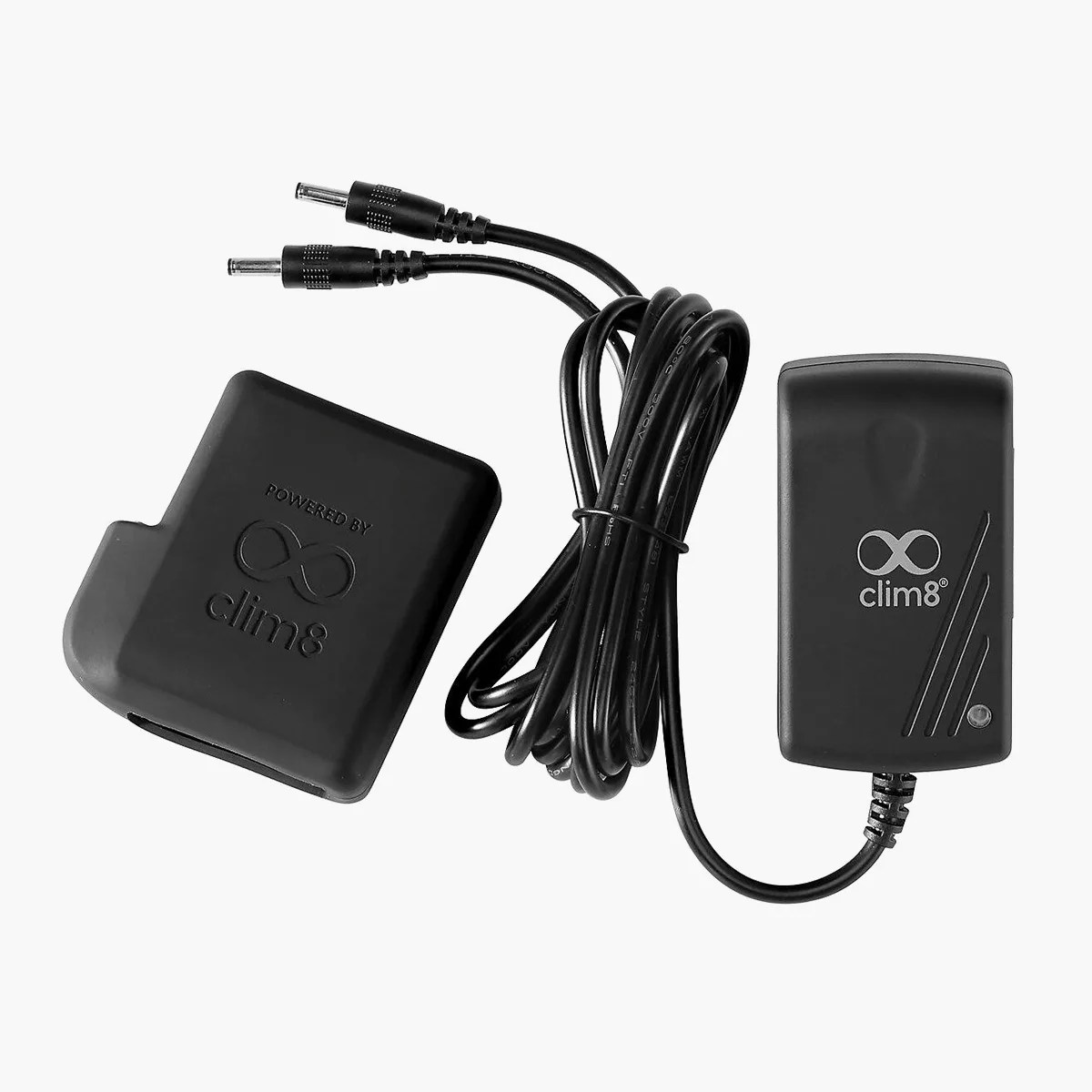 Black Clim8 branded electronic device with two connected cables and dual barrel connectors.