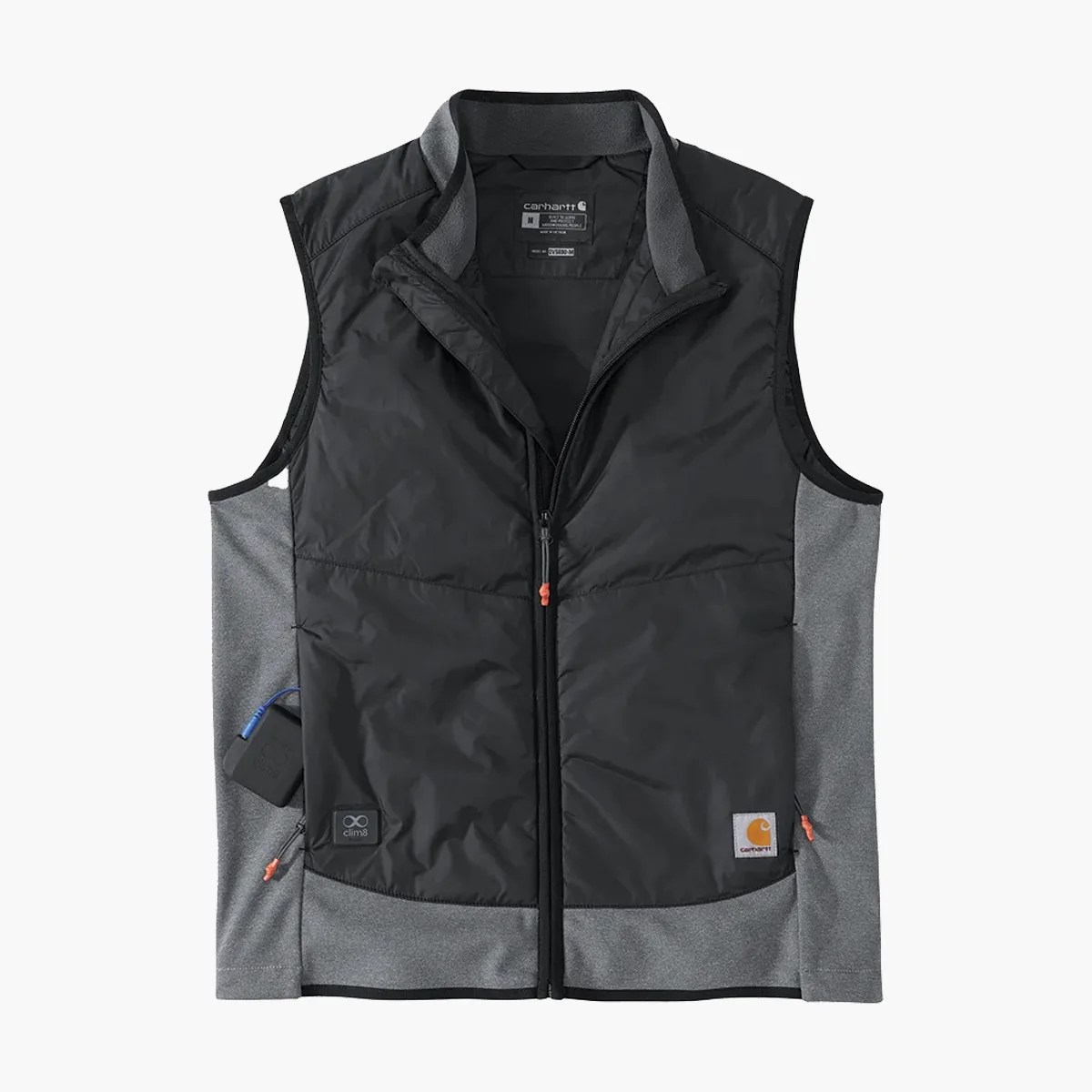 Black and gray sleeveless insulated vest with front zipper and Carhartt logo patch.