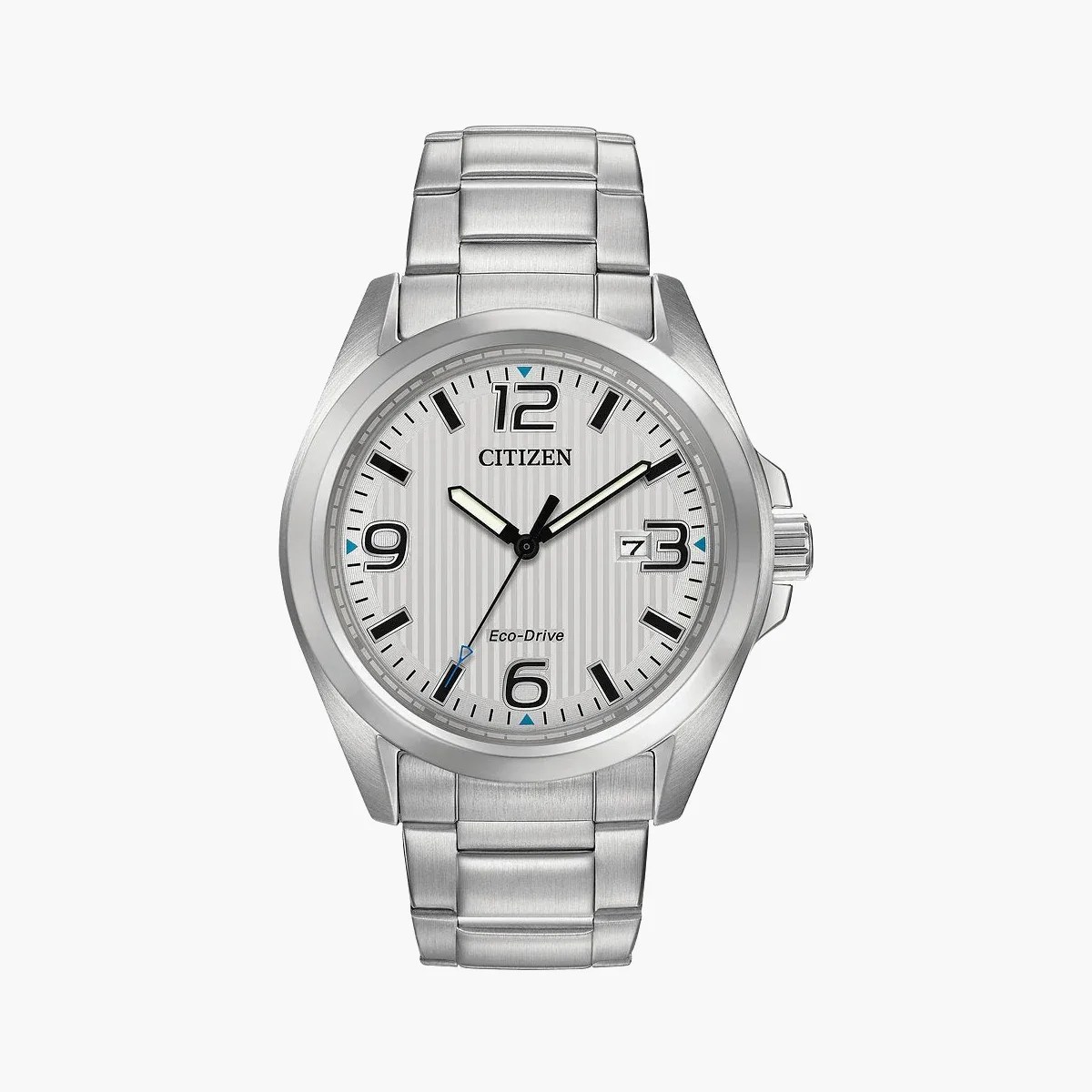 Silver Citizen Eco-Drive wristwatch with a striped white dial, black numerals, and metal link bracelet.