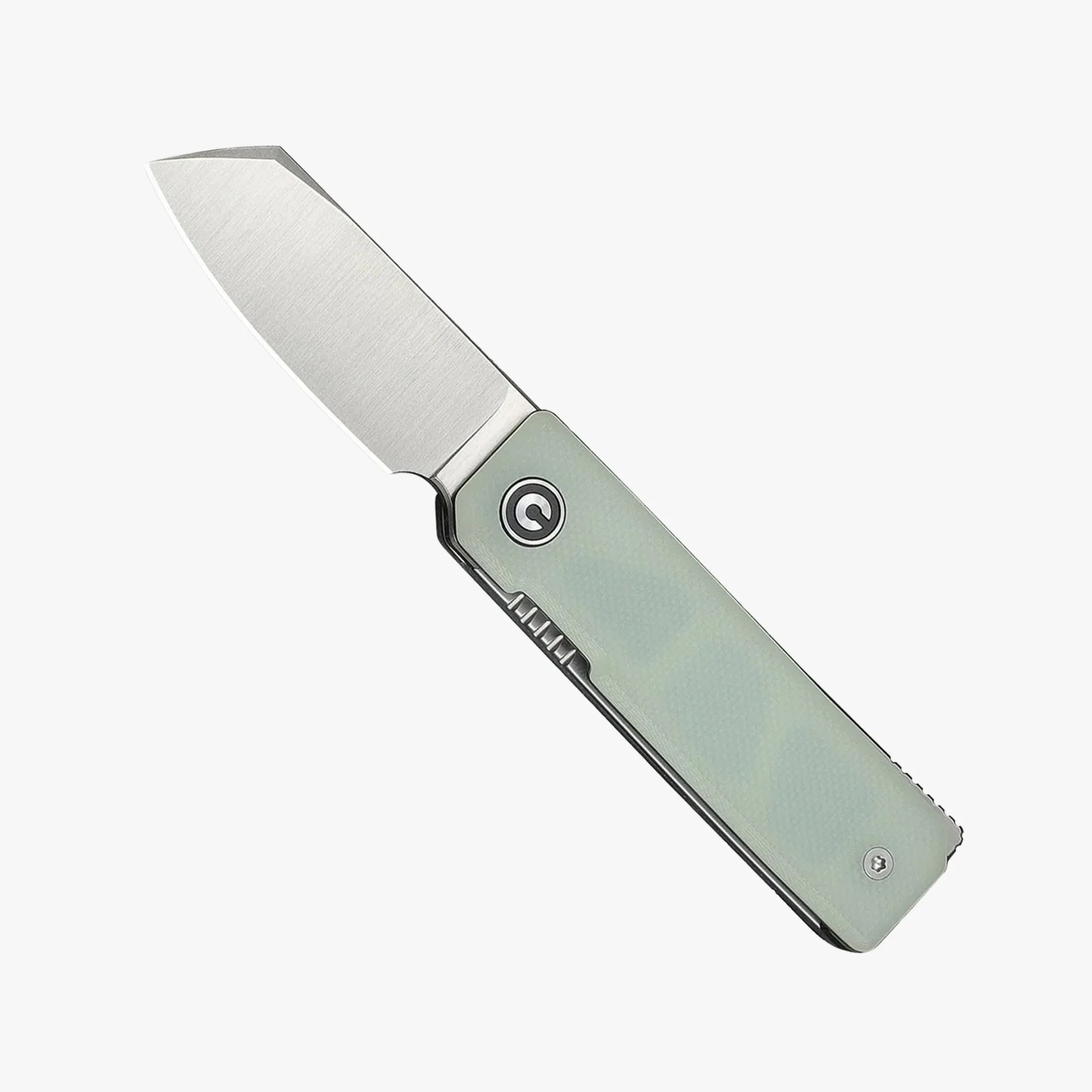 Folding knife with a wide, straight-edged stainless steel blade and a translucent pale green handle.