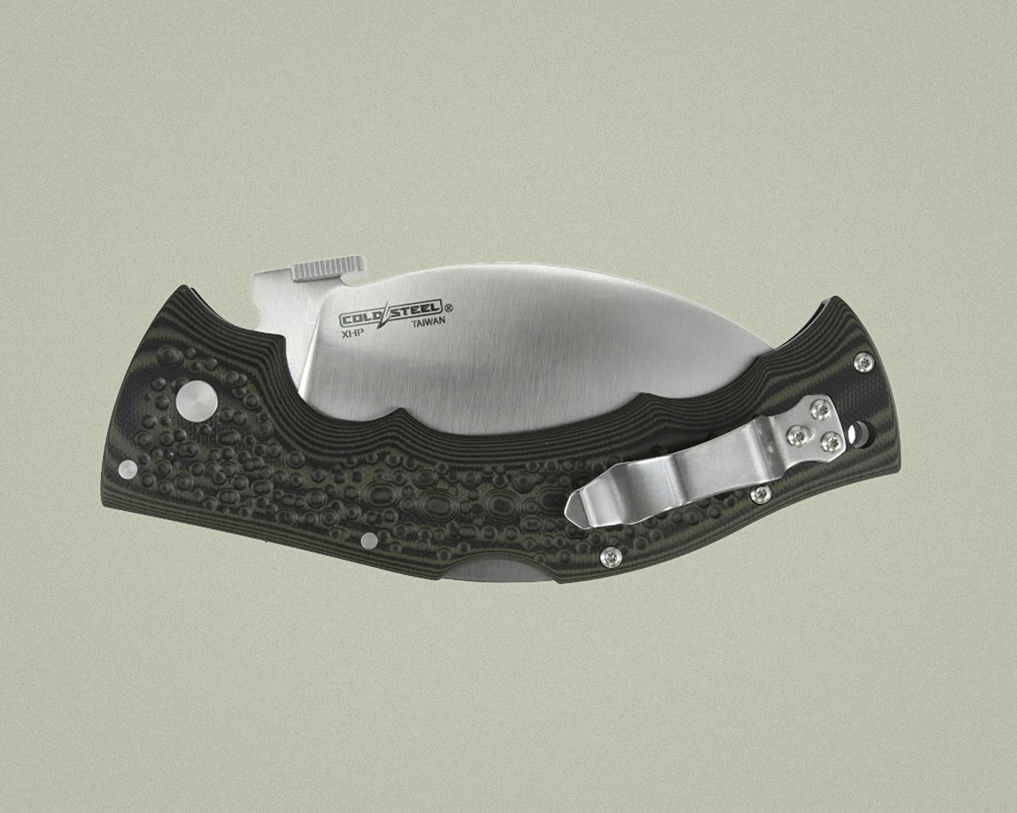 Folded Cold Steel pocket knife with textured black handle and stainless steel blade partially visible.
