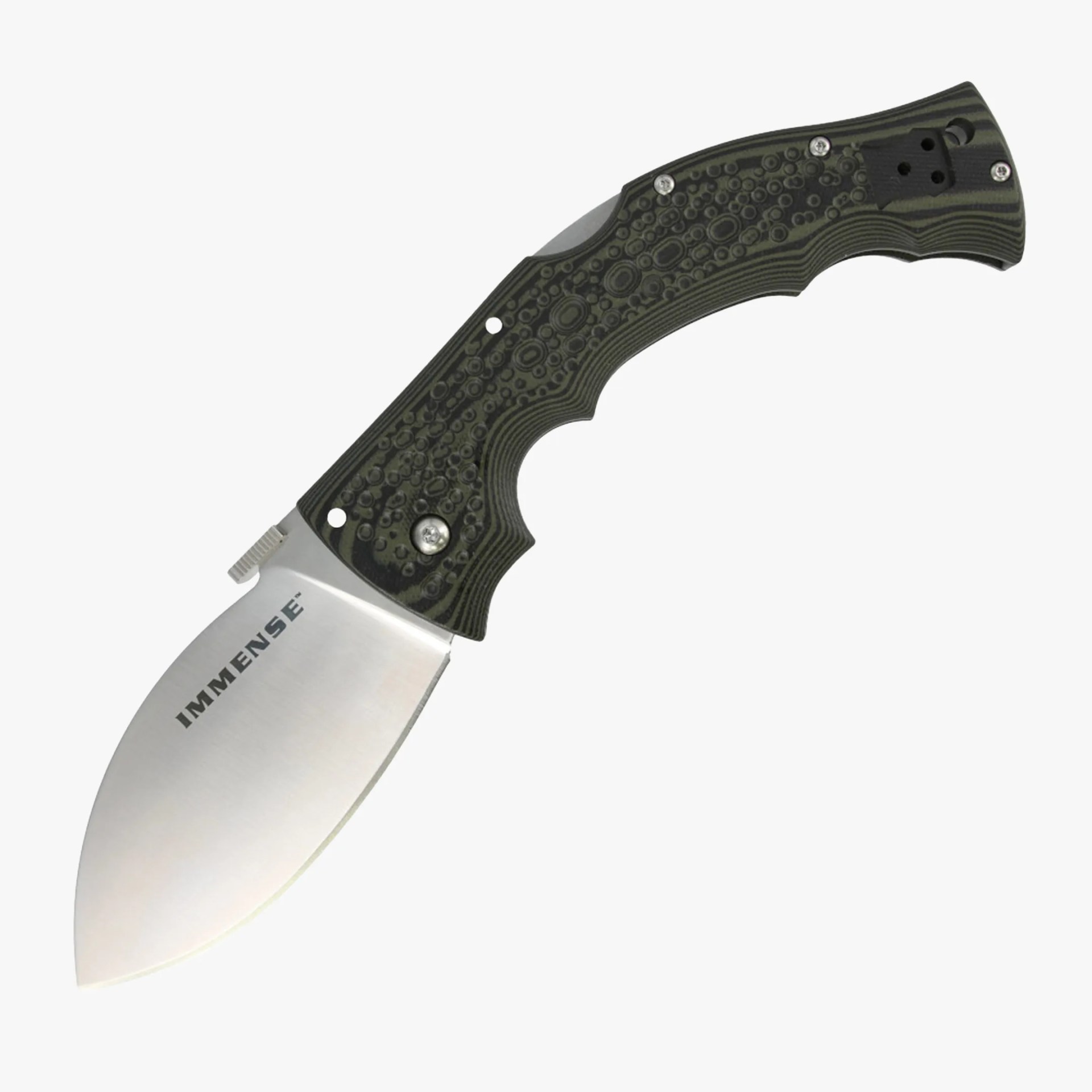 Folding knife with a wide stainless steel blade labeled "IMMENSE" and a textured black and green handle.
