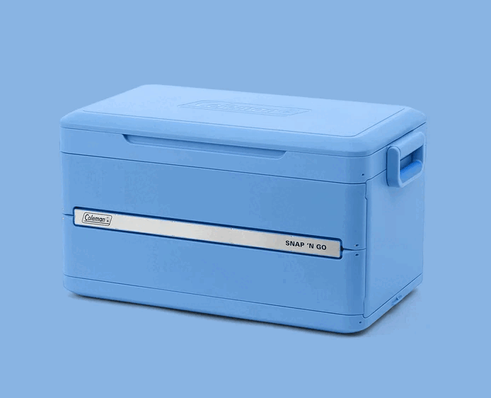 Light blue Coleman Snap 'N Go cooler with a white handle on a blue background.