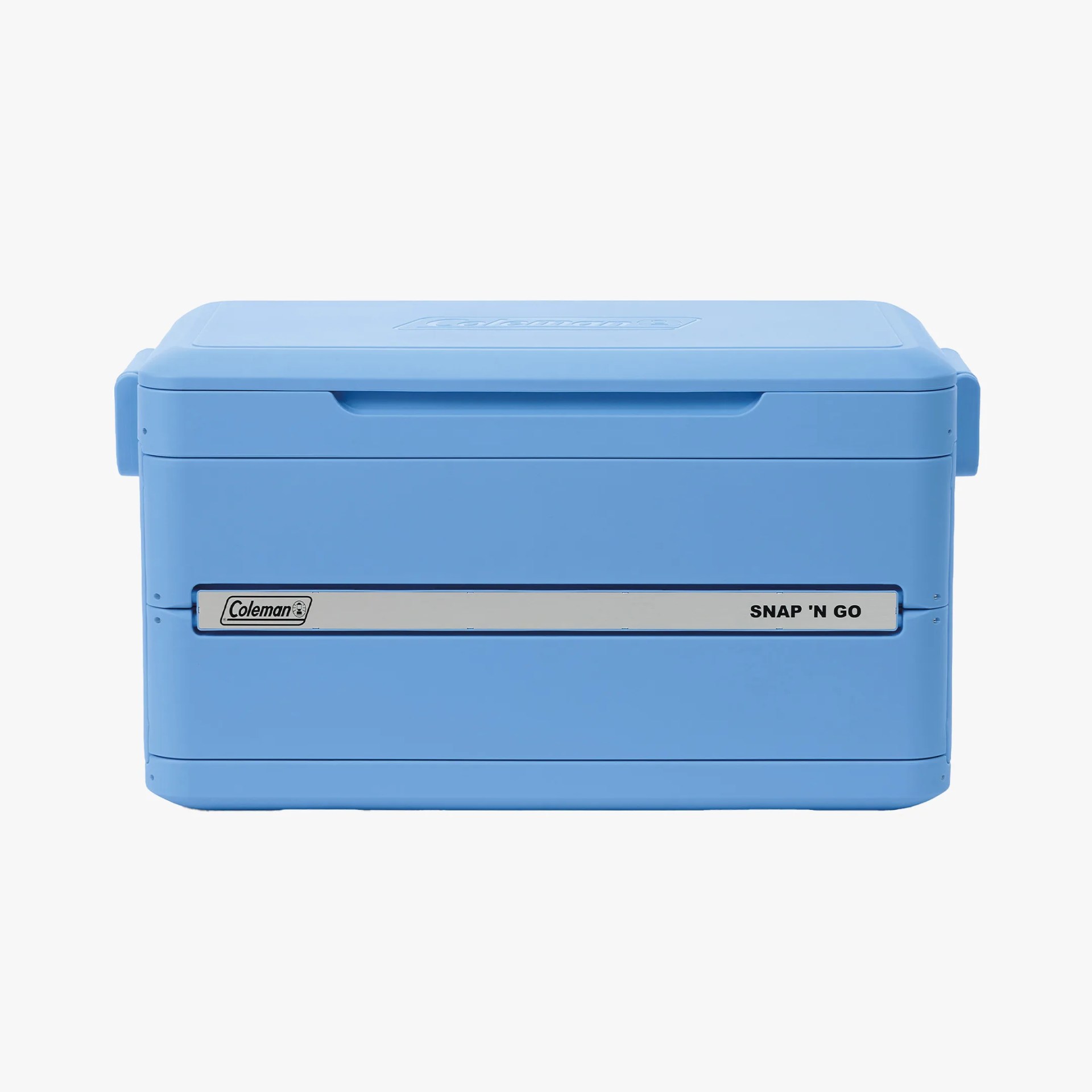 Light blue Coleman Snap 'N Go cooler with a rectangular shape and a handle slot on top.