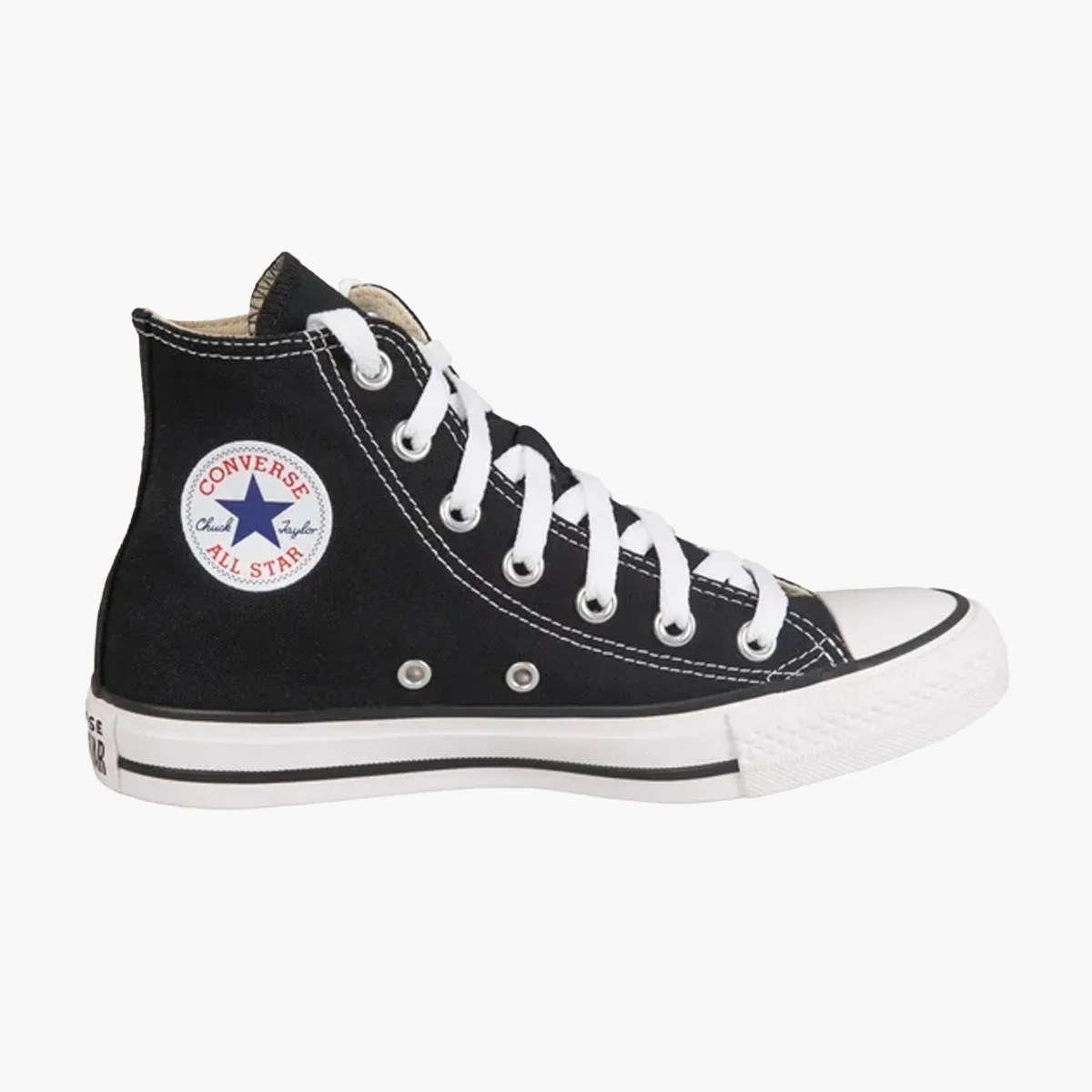 Black high-top Converse All Star sneaker with white laces and rubber sole.
