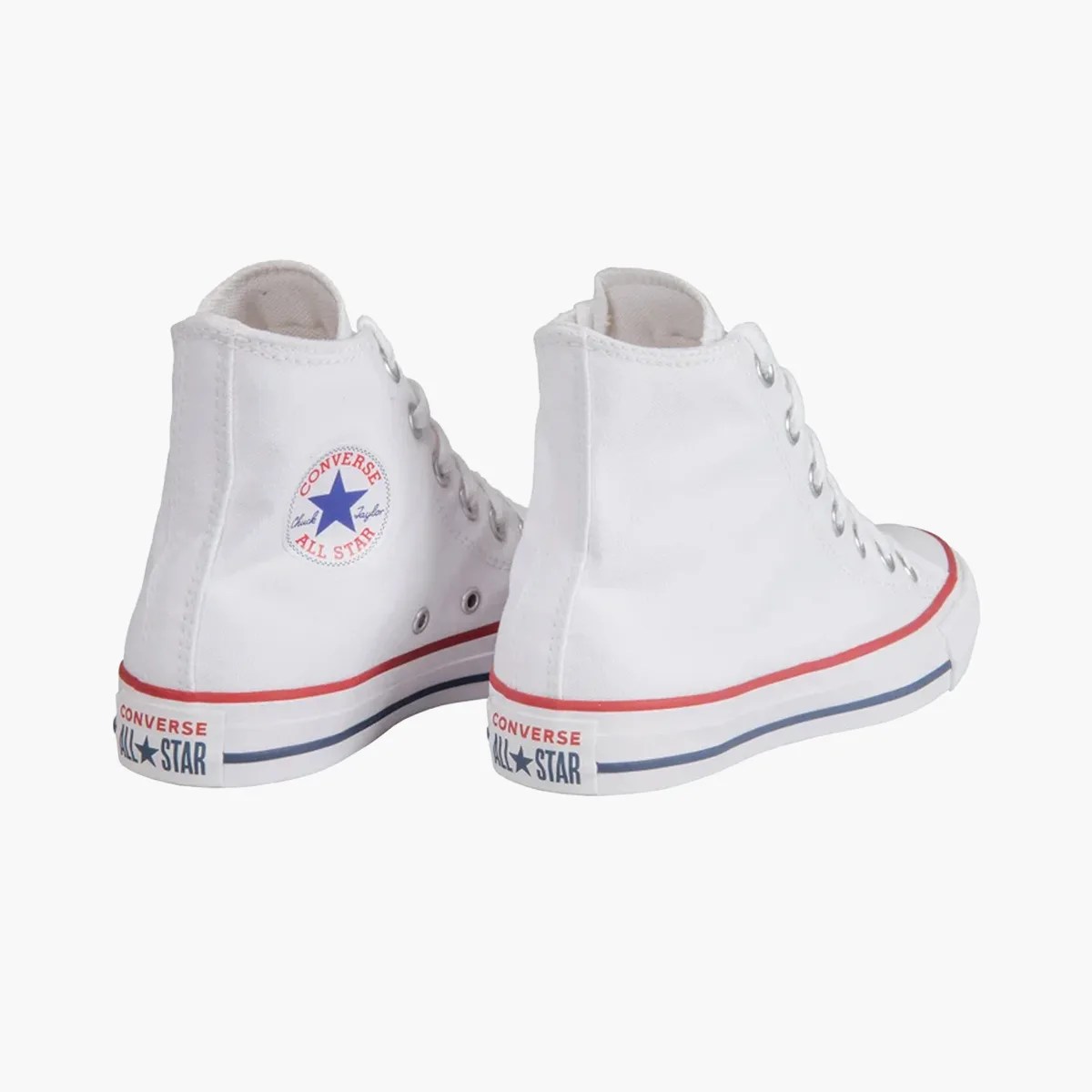Pair of white high-top Converse All Star sneakers with red and blue stripes on the sole.
