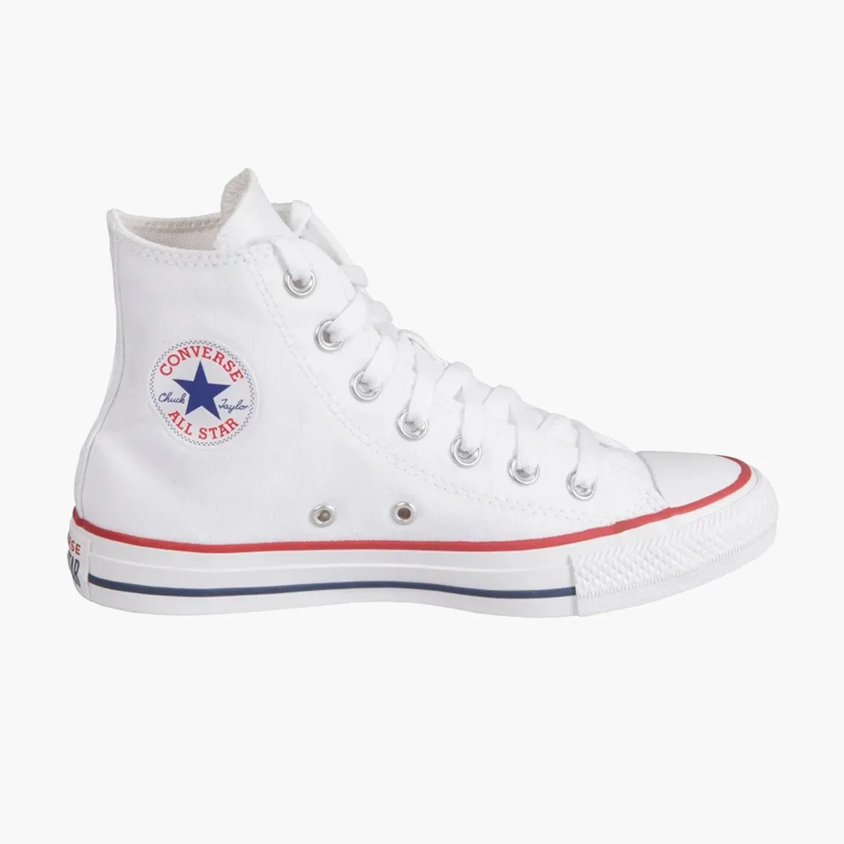 White high-top Converse Chuck Taylor All Star sneaker with red and blue stripes on the sole.