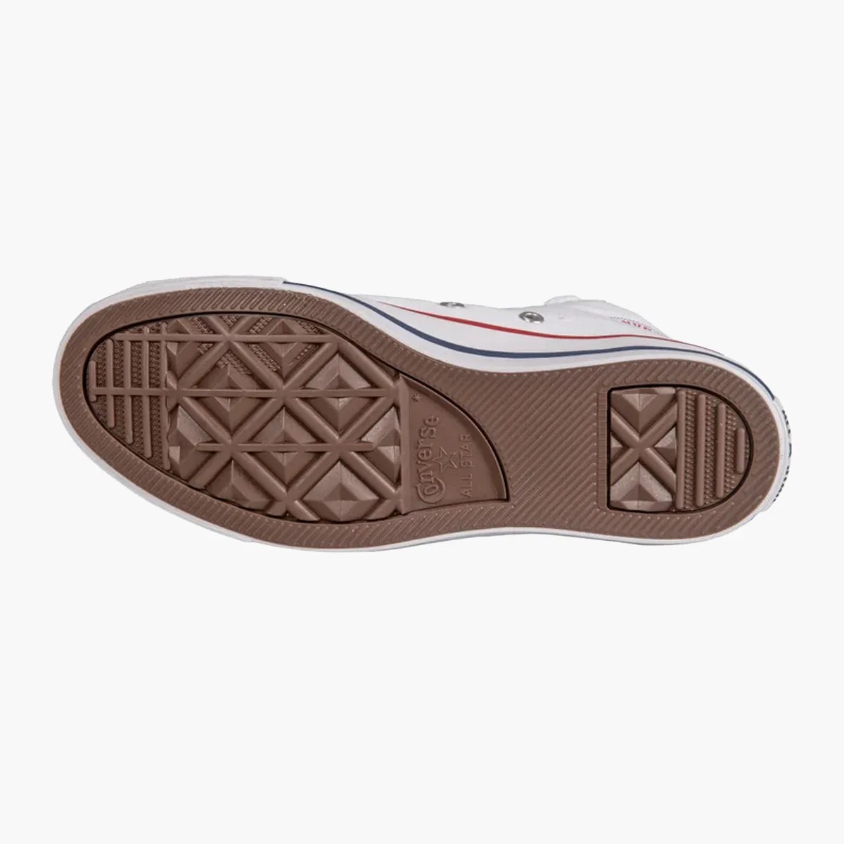 Brown rubber sole of a white Converse All Star sneaker with textured grip patterns.