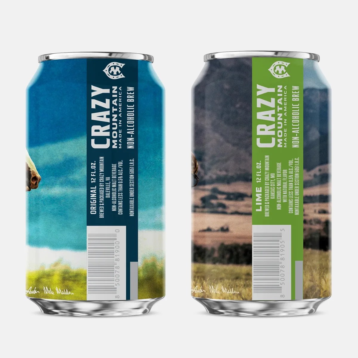 Two cans of Crazy Mountain non-alcoholic brew, one Original with blue label and one Lime with green label, both 12 fl. oz.