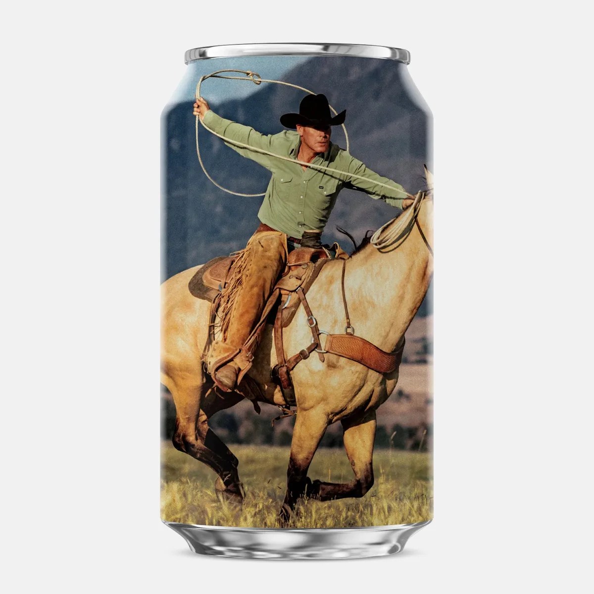Aluminum can featuring an image of a cowboy in a green shirt and black hat riding a light brown horse while swinging a lasso.