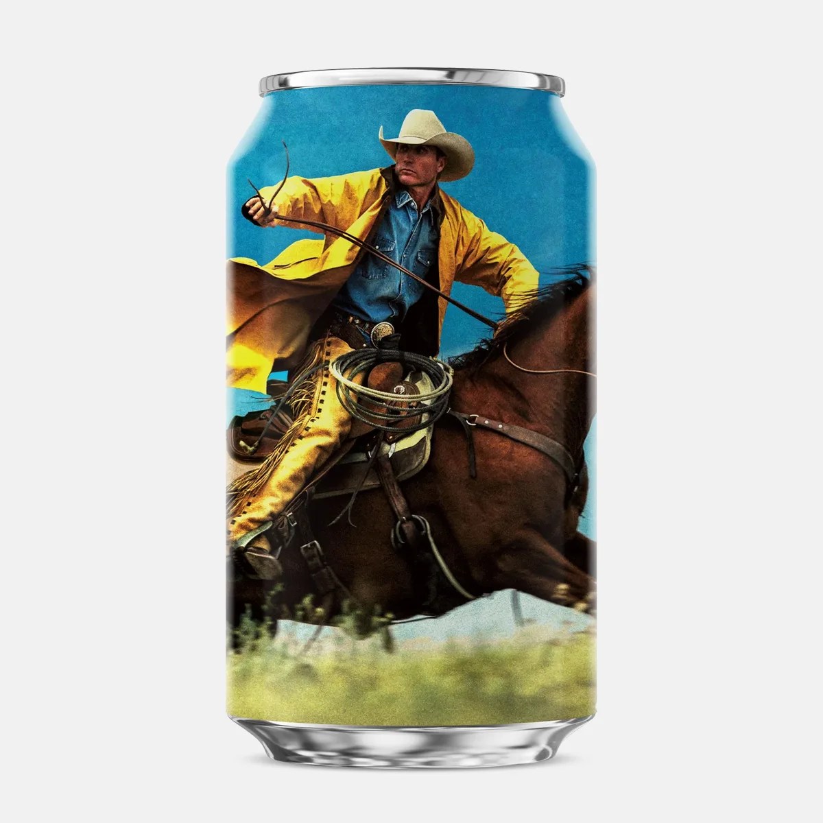 Aluminum can featuring a colorful image of a cowboy in a yellow coat riding a brown horse against a blue sky.
