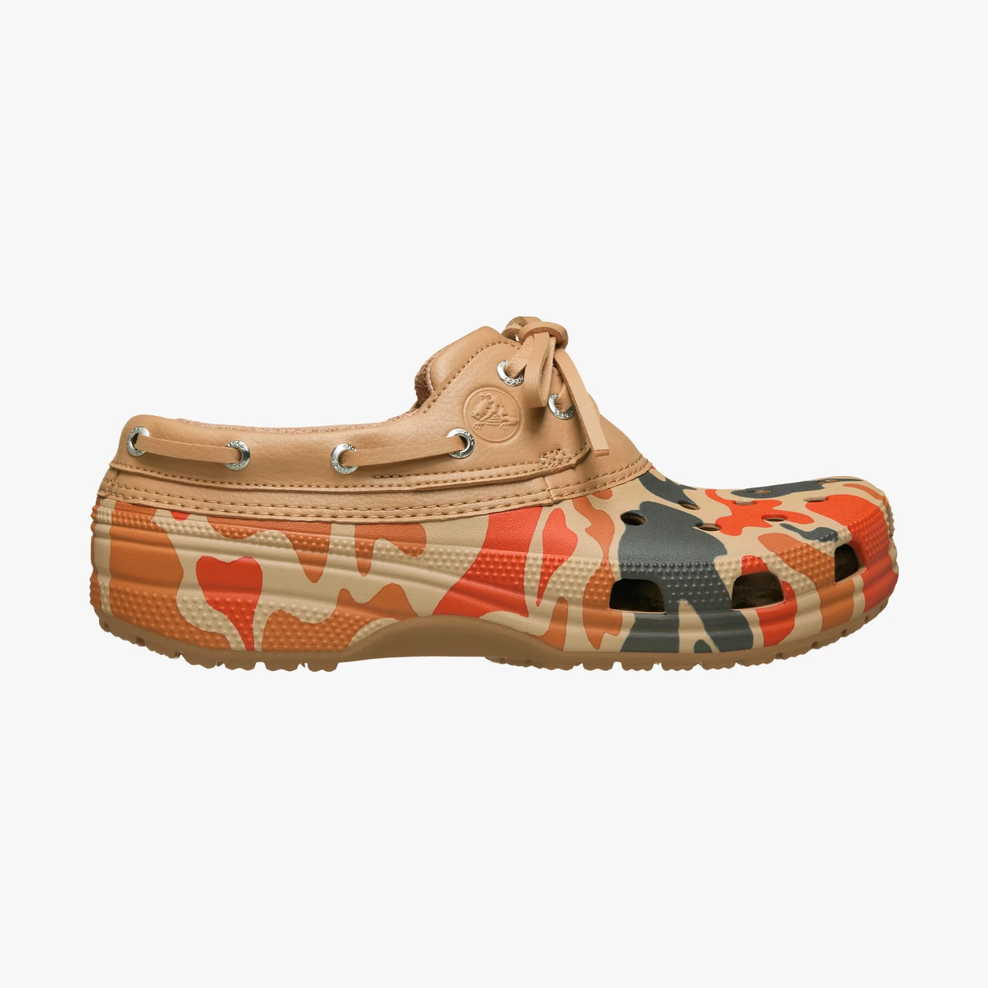 Tan and orange camouflage slip-on clog with leather lace-up collar and ventilation holes.
