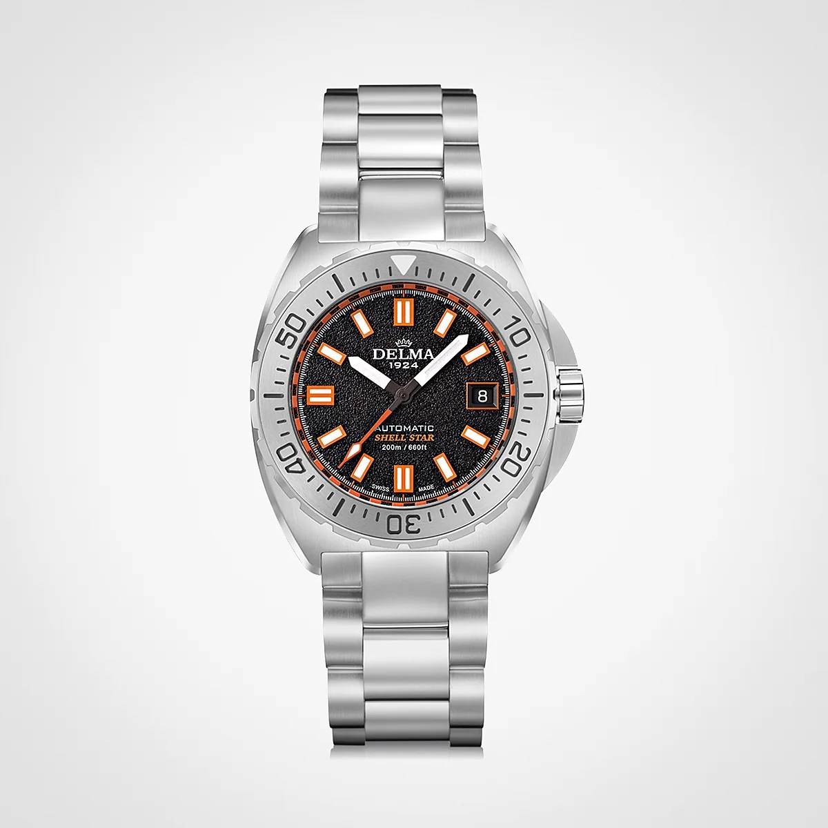 Silver stainless steel wristwatch with black textured dial and orange-accented hour markers and hands.