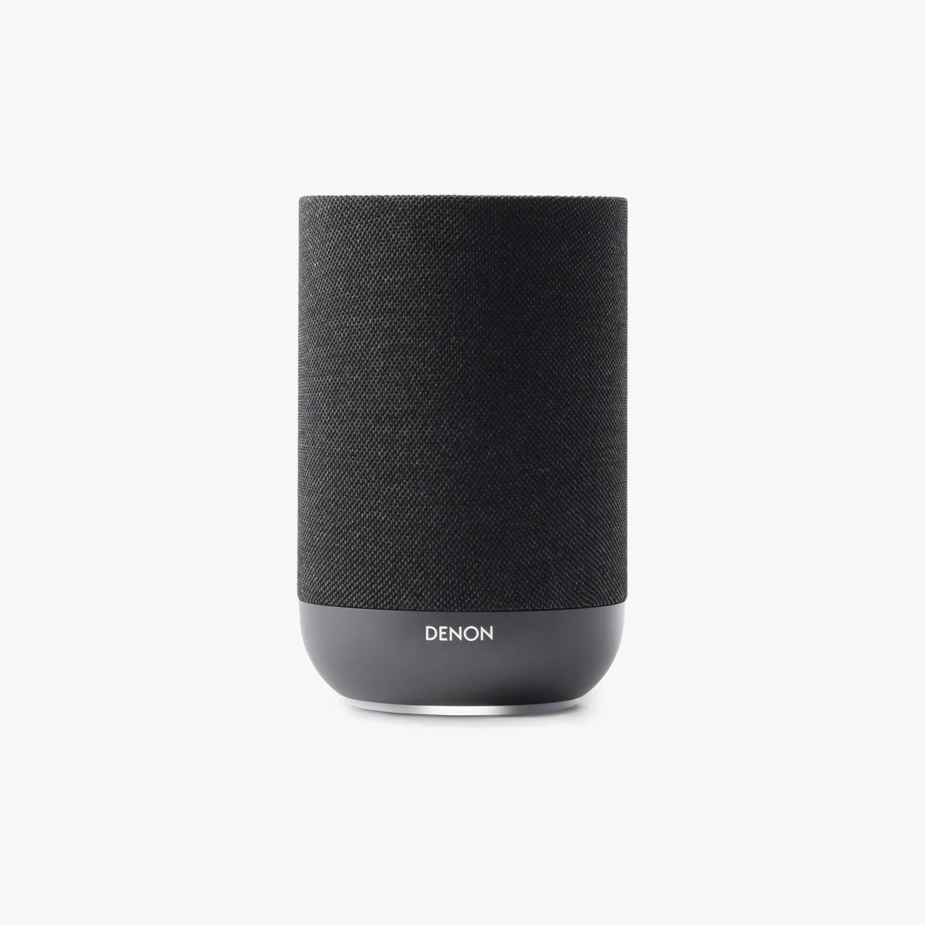 Black Denon smart speaker with fabric mesh cover and rounded base on a white background.