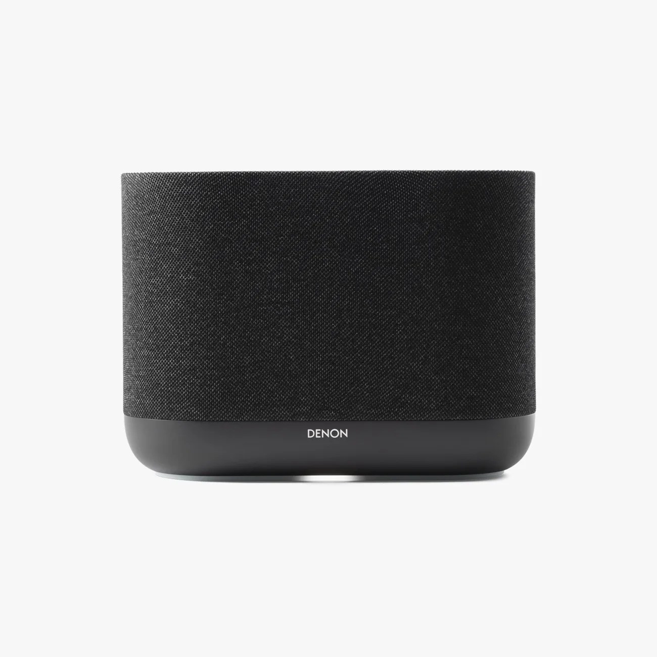 Black Denon wireless speaker with fabric grille and rounded rectangular shape on a white background.
