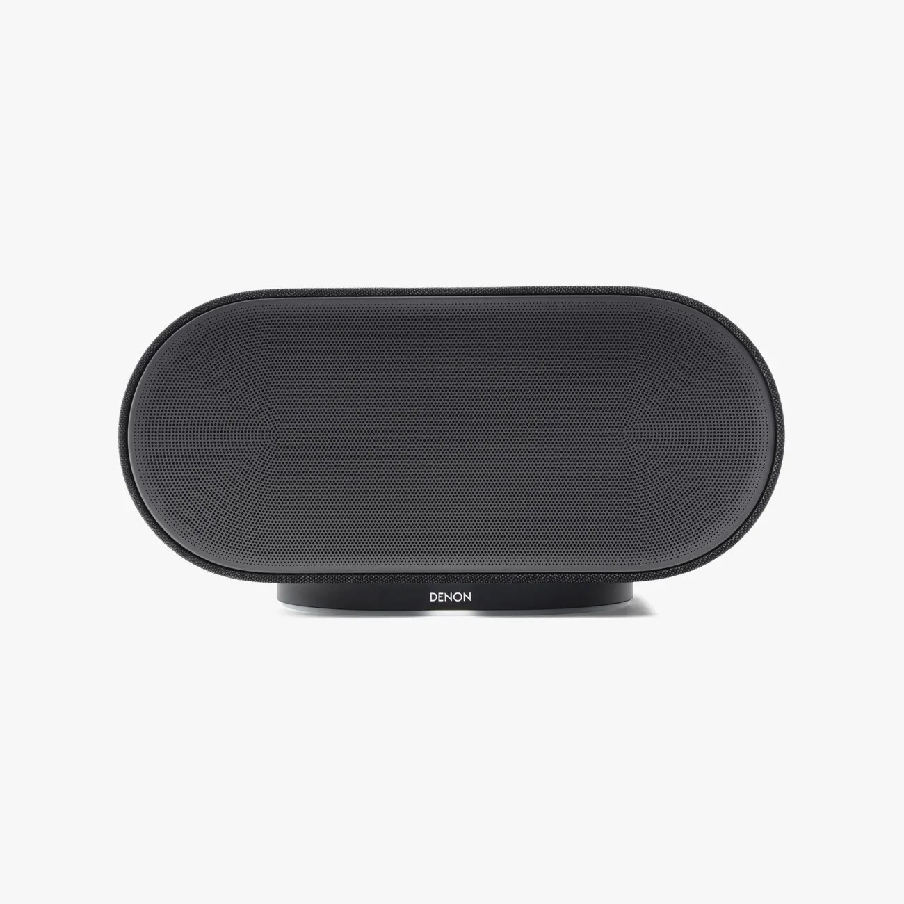 Black oval Denon wireless speaker with mesh front grille on a white background.