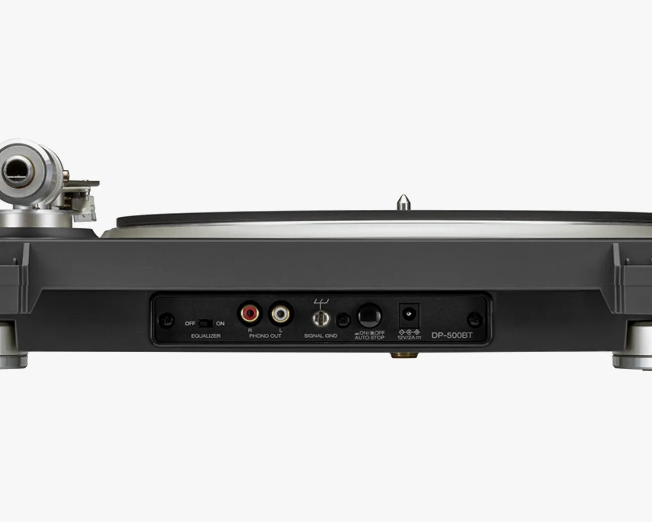 Rear view of a black and silver DP-500BT turntable showing RCA phono out ports, signal ground, equalizer switch, auto stop, and power input.