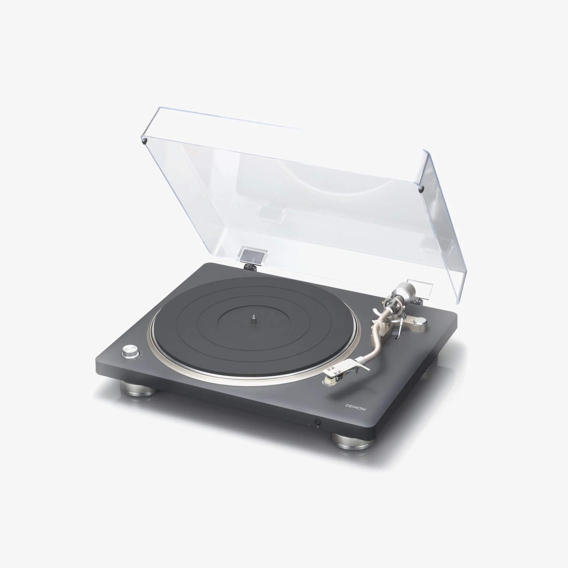 Black and silver Denon turntable with clear dust cover open on a white background.