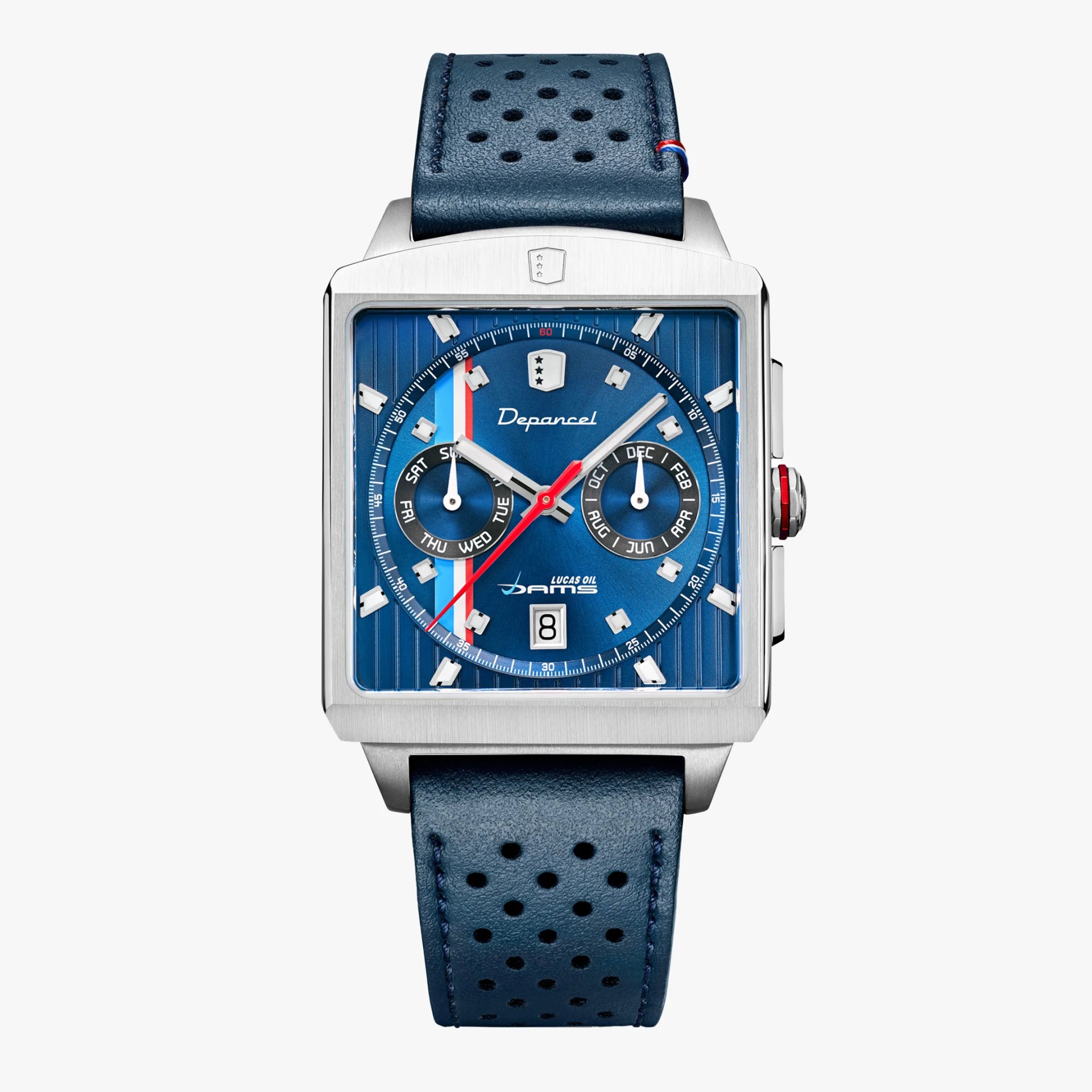 Square silver watch with blue perforated leather strap and blue dial featuring day, month subdials, and red second hand.
