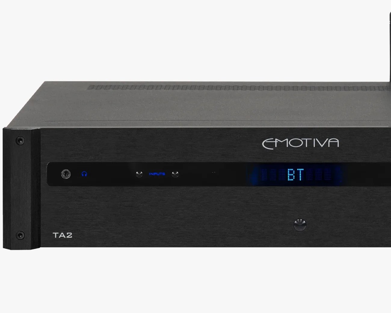 Black Emotiva TA2 audio amplifier with blue digital display showing "BT" and headphone jack on front panel.