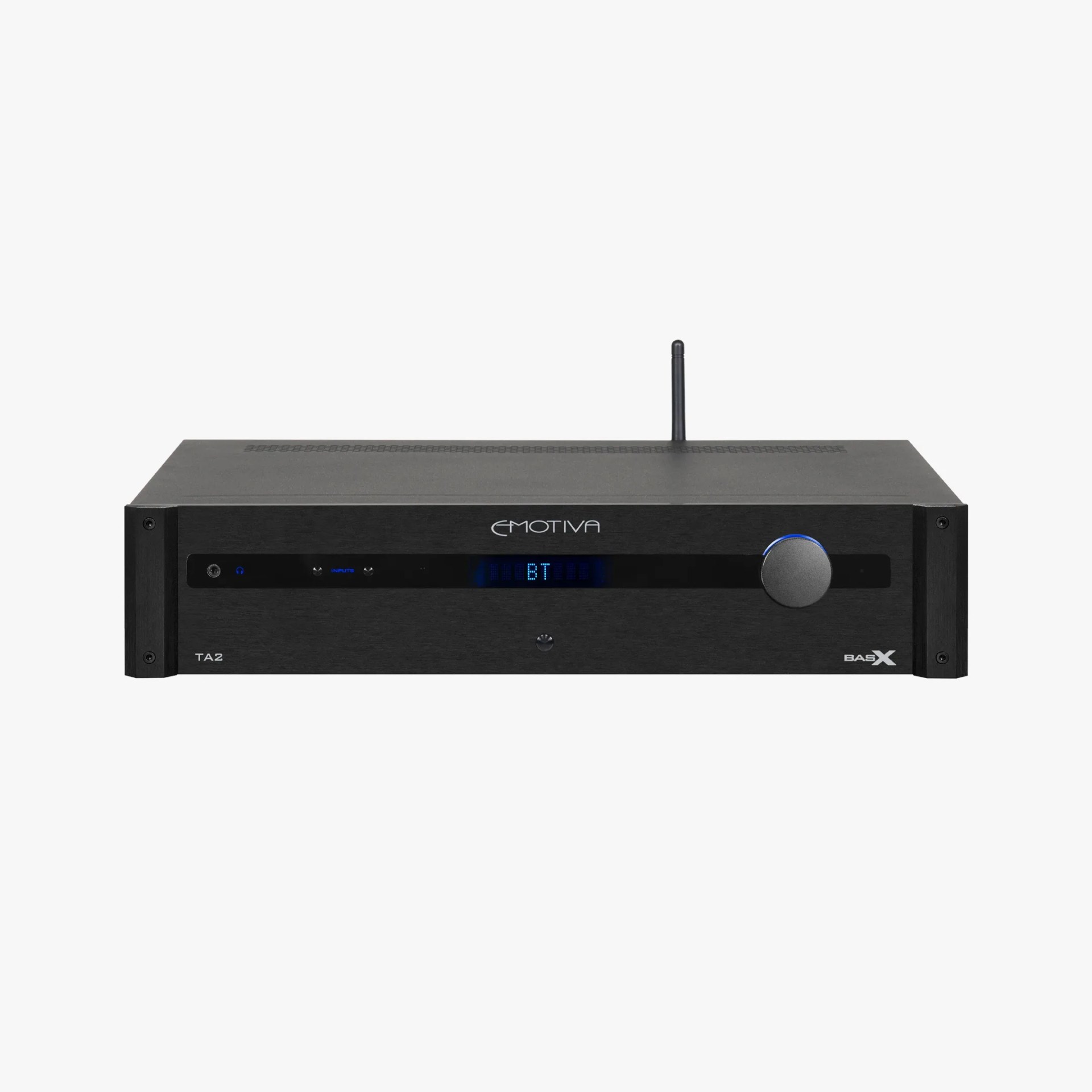 Black Emotiva BasX TA2 stereo amplifier with digital display and volume knob.