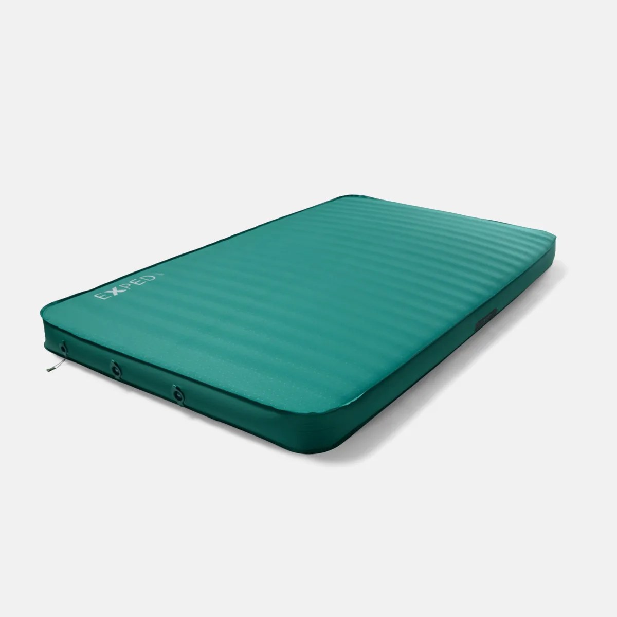 Teal rectangular inflatable sleeping pad with the brand name "EXPED" on one corner.