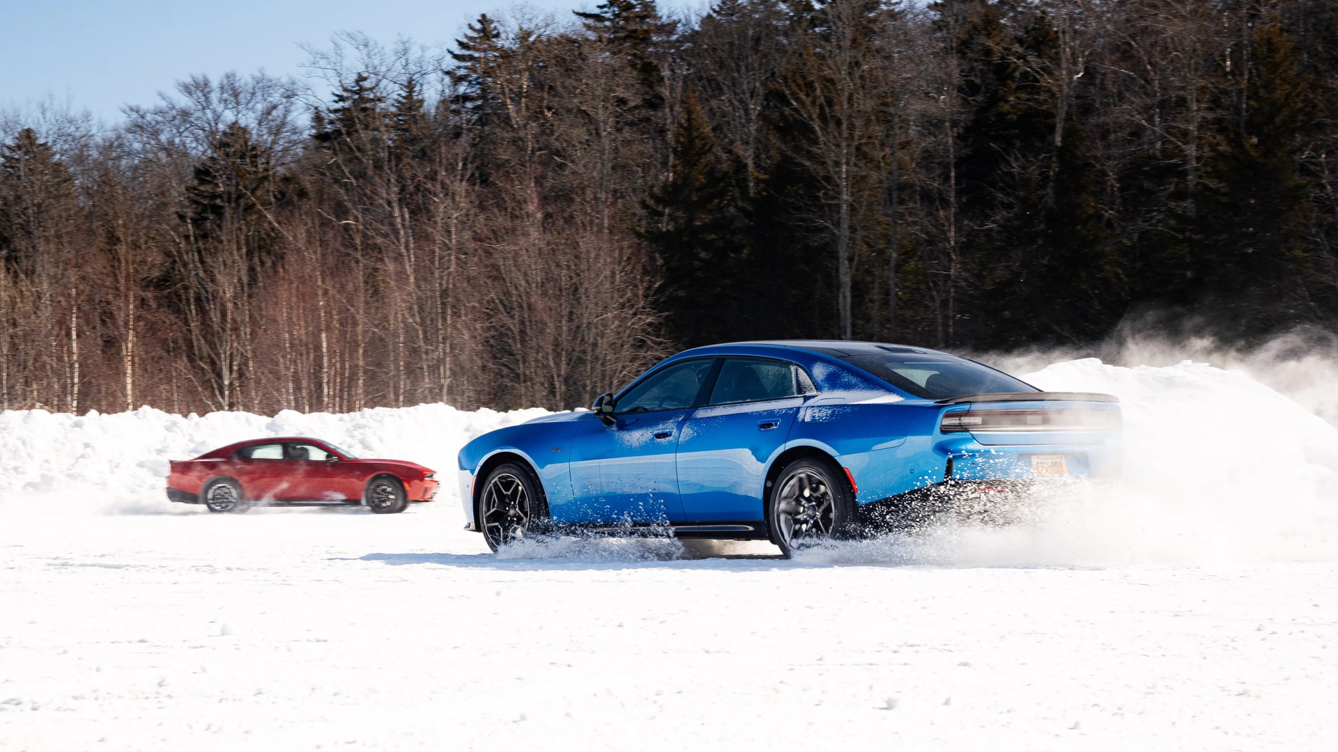 Blue Dodge Charger and red Dodge Challenger driving on snow with snow spray behind them and leafless trees in the background.